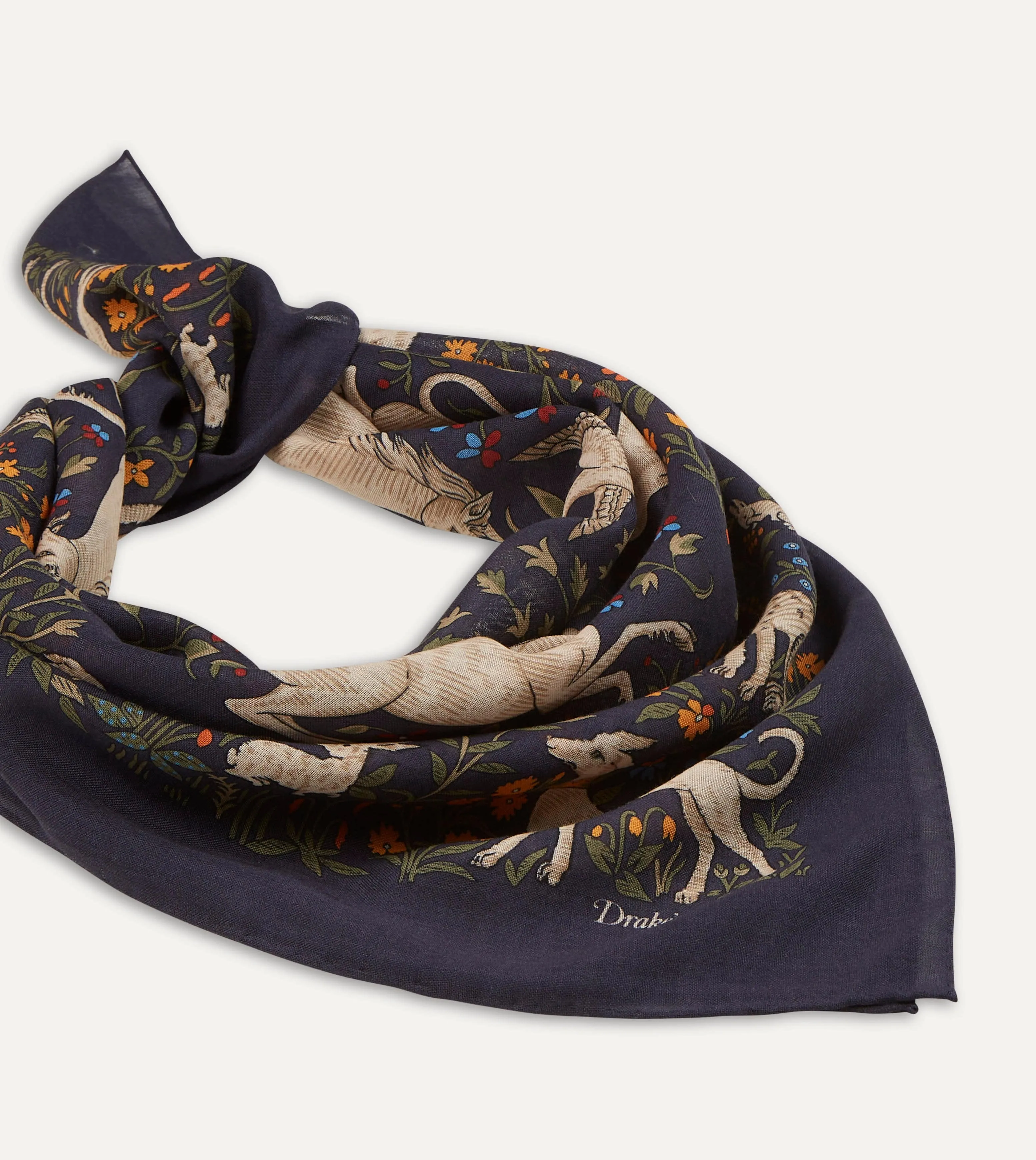 Navy Unicorn Print Wool-Silk Square Scarf sold by Drake's London product image thumbnail 3