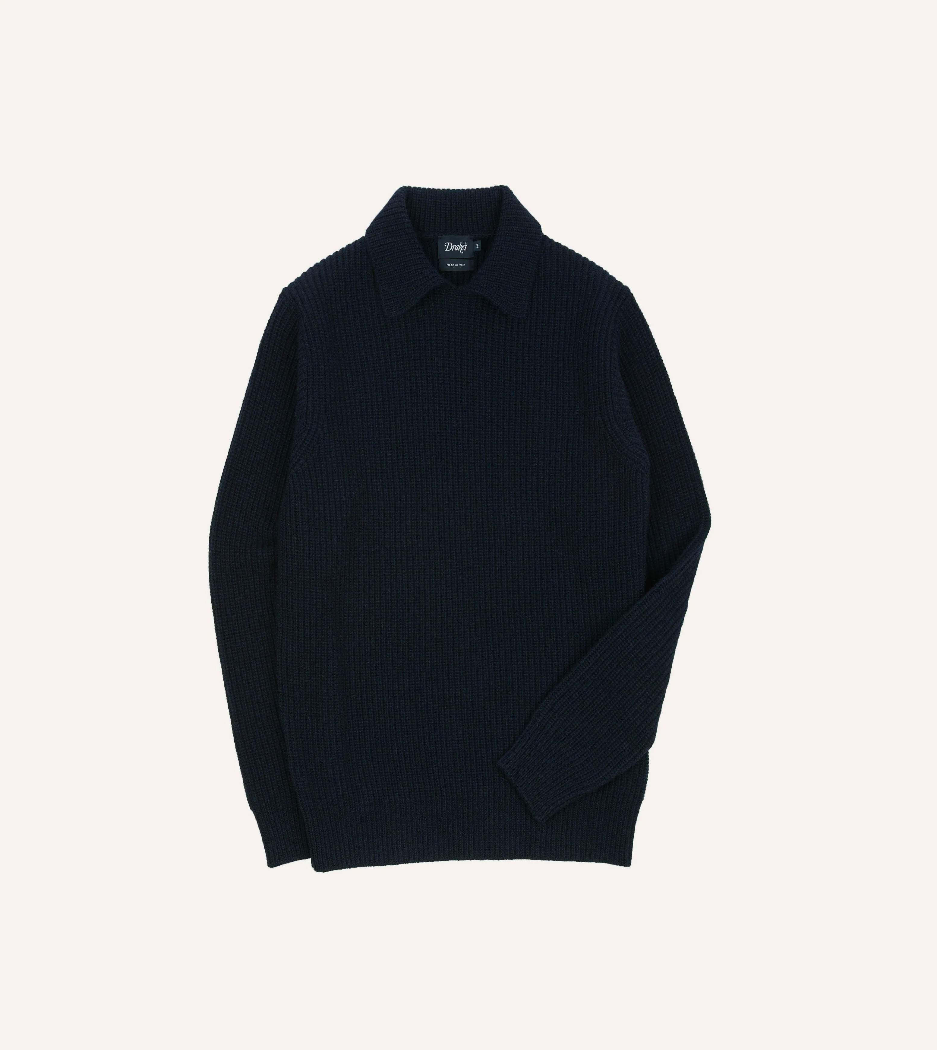 Navy Alpaca Lambswool Ribbed Integral Collar Jumper sold by Drake's London