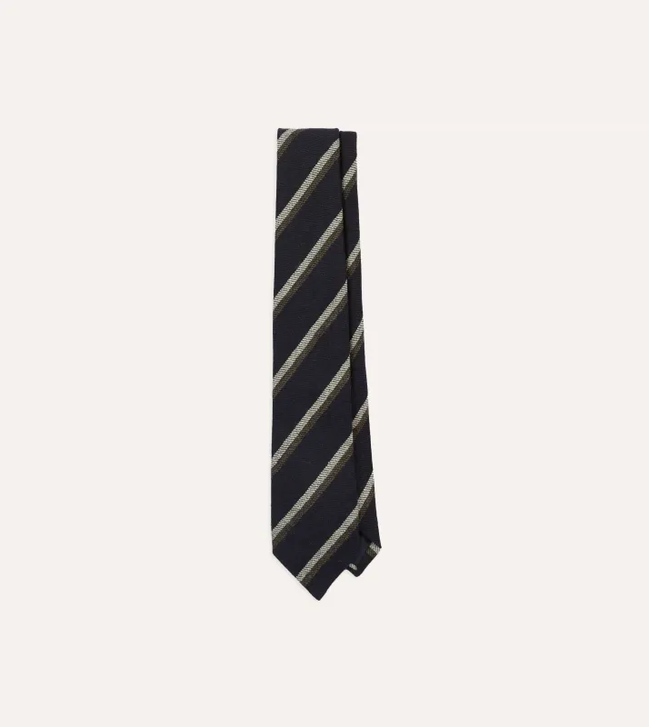Navy, White and Brown Double Stripe Tipped Wool Tie sold by Drake's London
