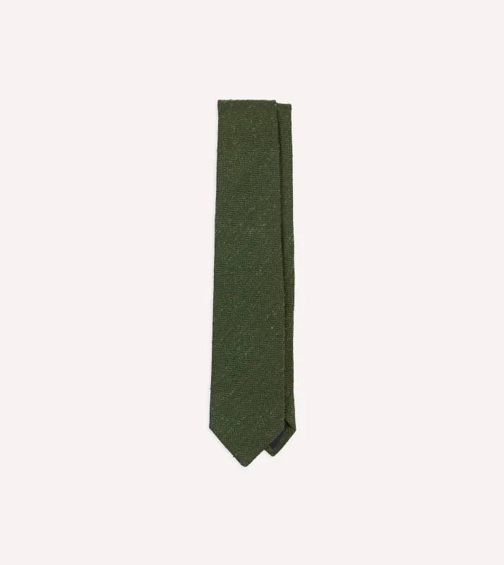 Green Herringbone Shantung Silk Tipped Tie made by Drake's London