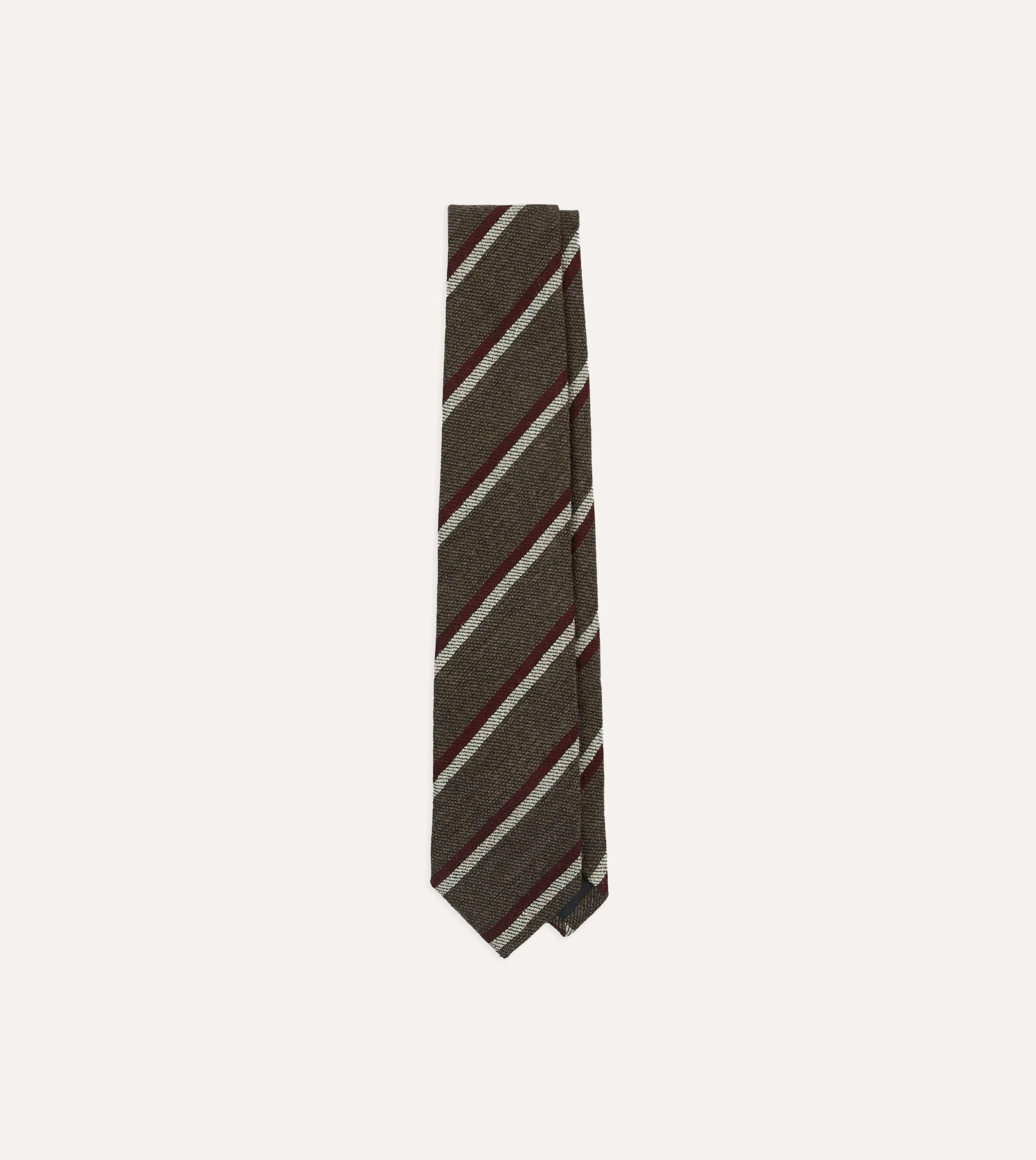 Brown, White and Red Double Stripe Tipped Wool Tie sold by Drake's London