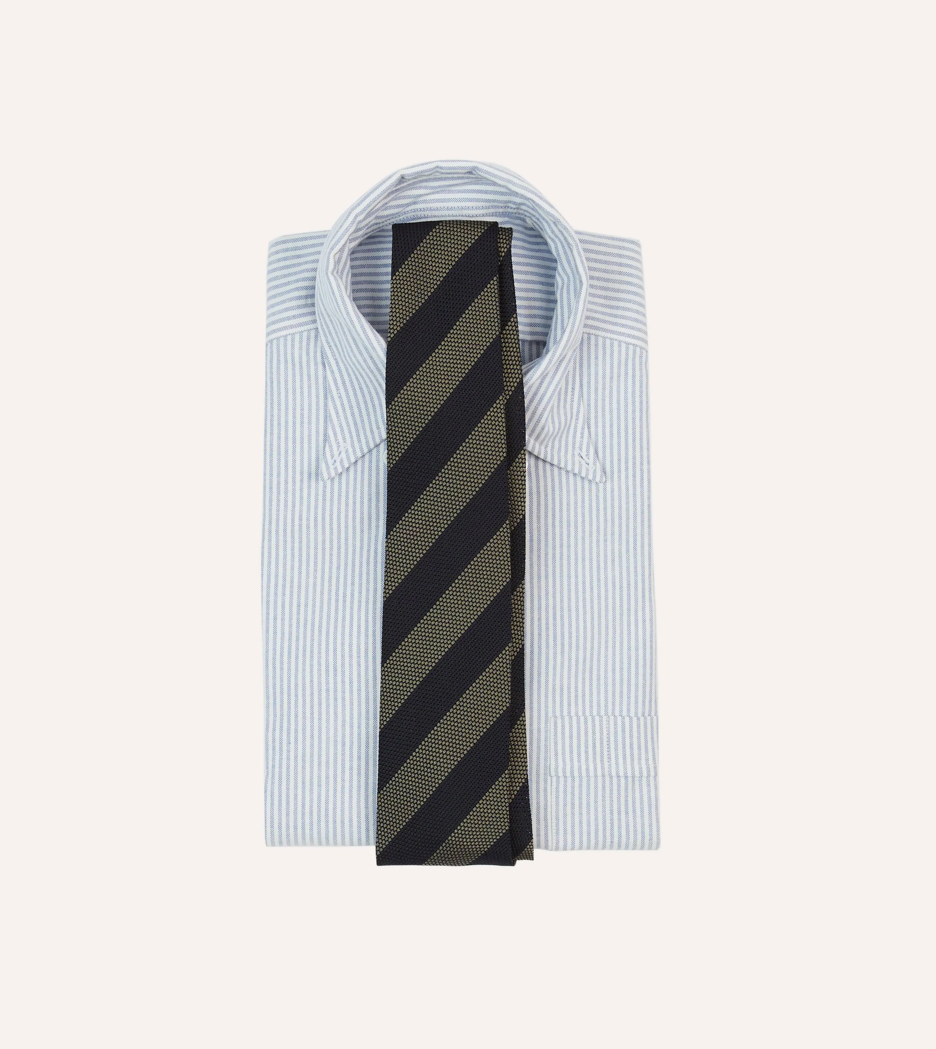 Khaki and Navy Block Stripe Hand Rolled Silk Grenadine Tie sold by Drake's London product image thumbnail 2
