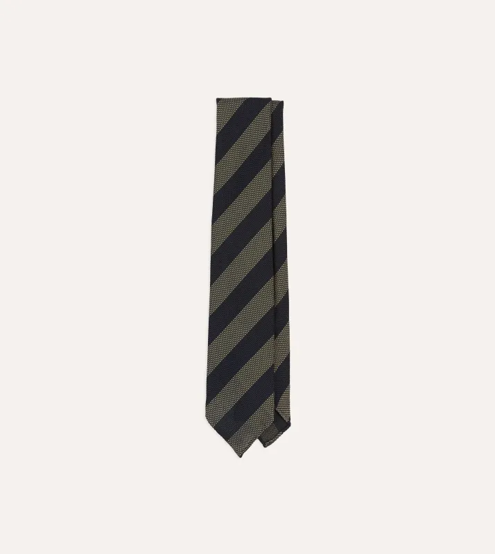 Khaki and Navy Block Stripe Hand Rolled Silk Grenadine Tie sold by Drake's London