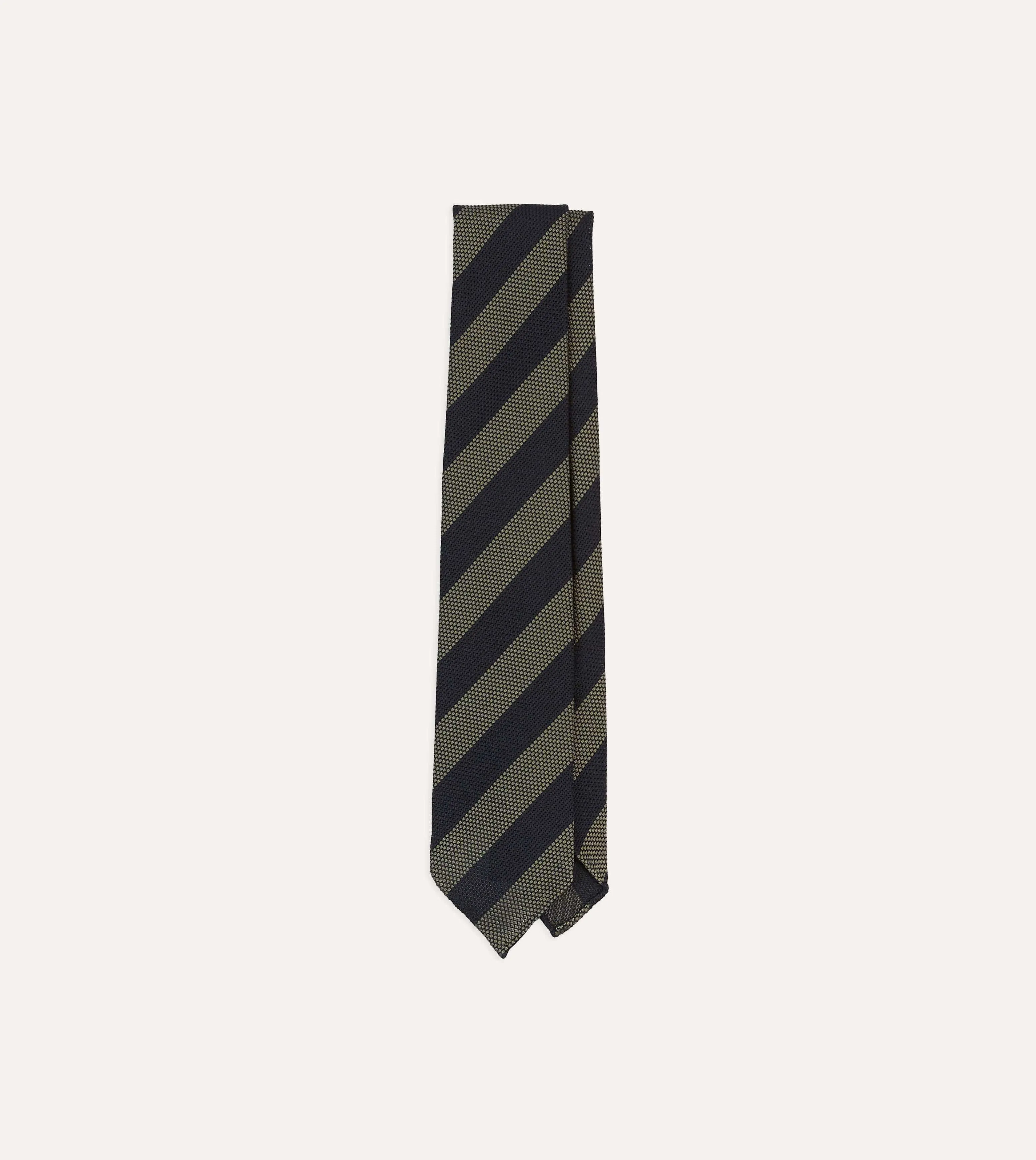 Khaki and Navy Block Stripe Hand Rolled Silk Grenadine Tie sold by Drake's London