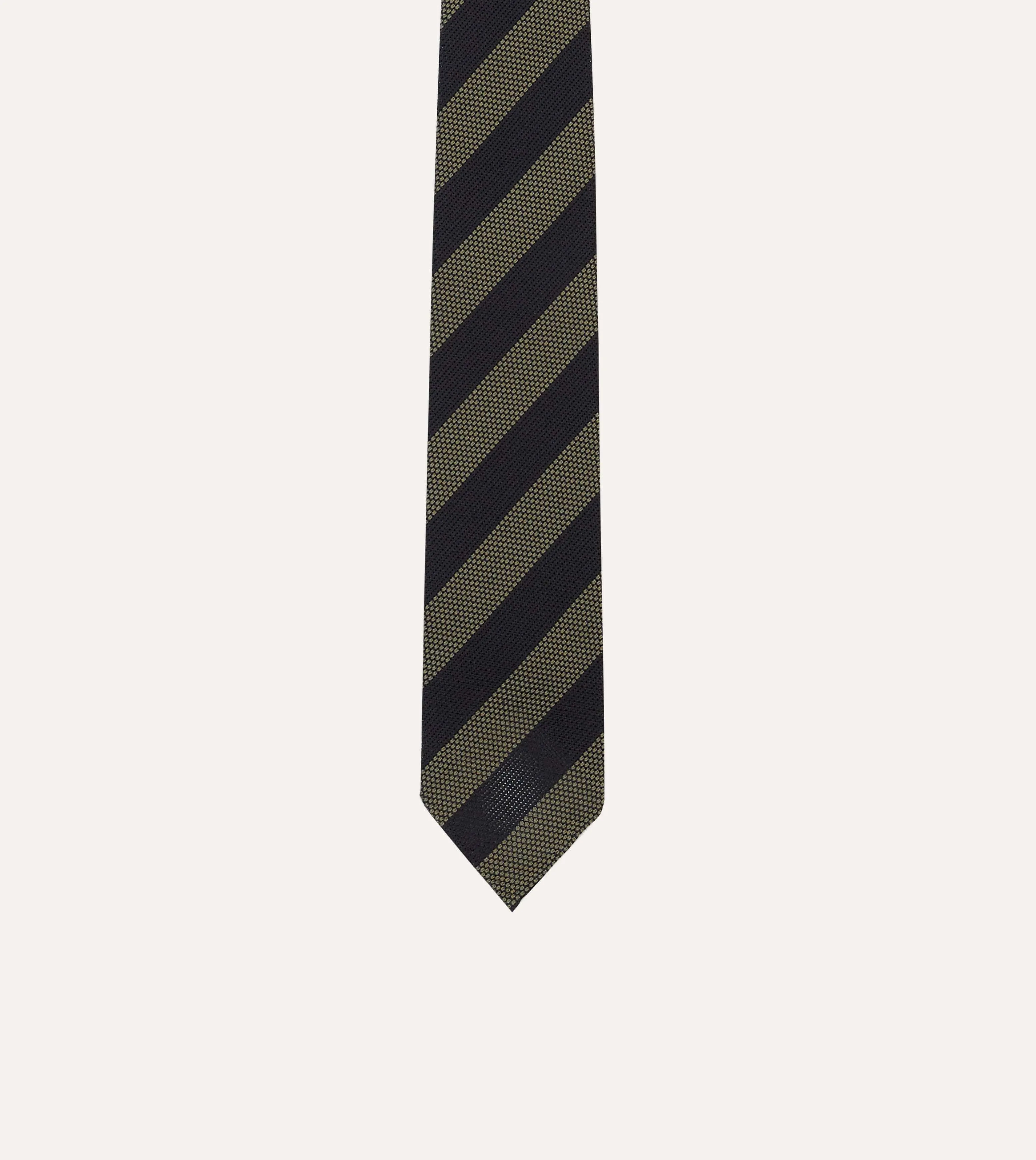 Khaki and Navy Block Stripe Hand Rolled Silk Grenadine Tie sold by Drake's London product image thumbnail 3