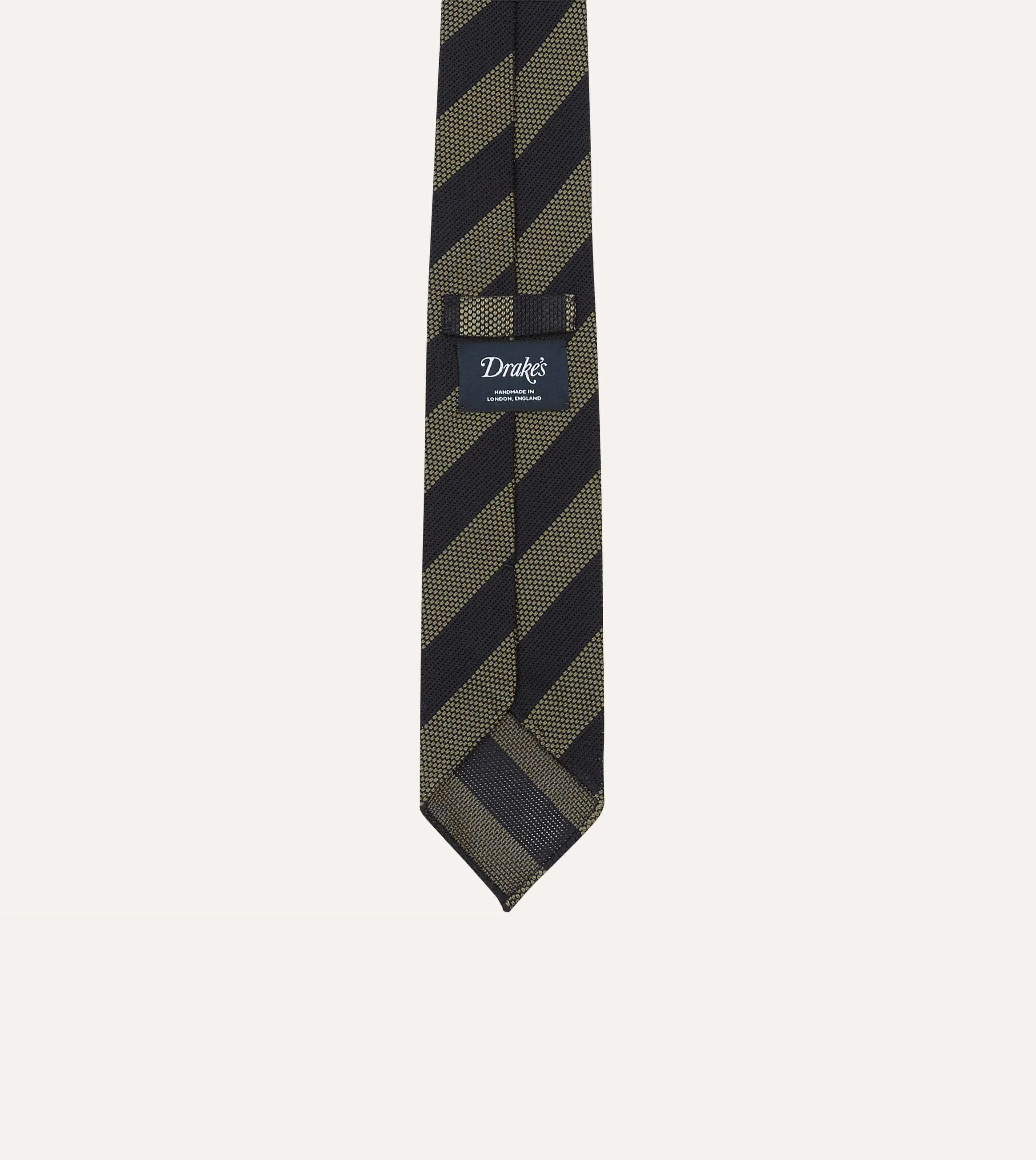 Khaki and Navy Block Stripe Hand Rolled Silk Grenadine Tie sold by Drake's London product image thumbnail 4