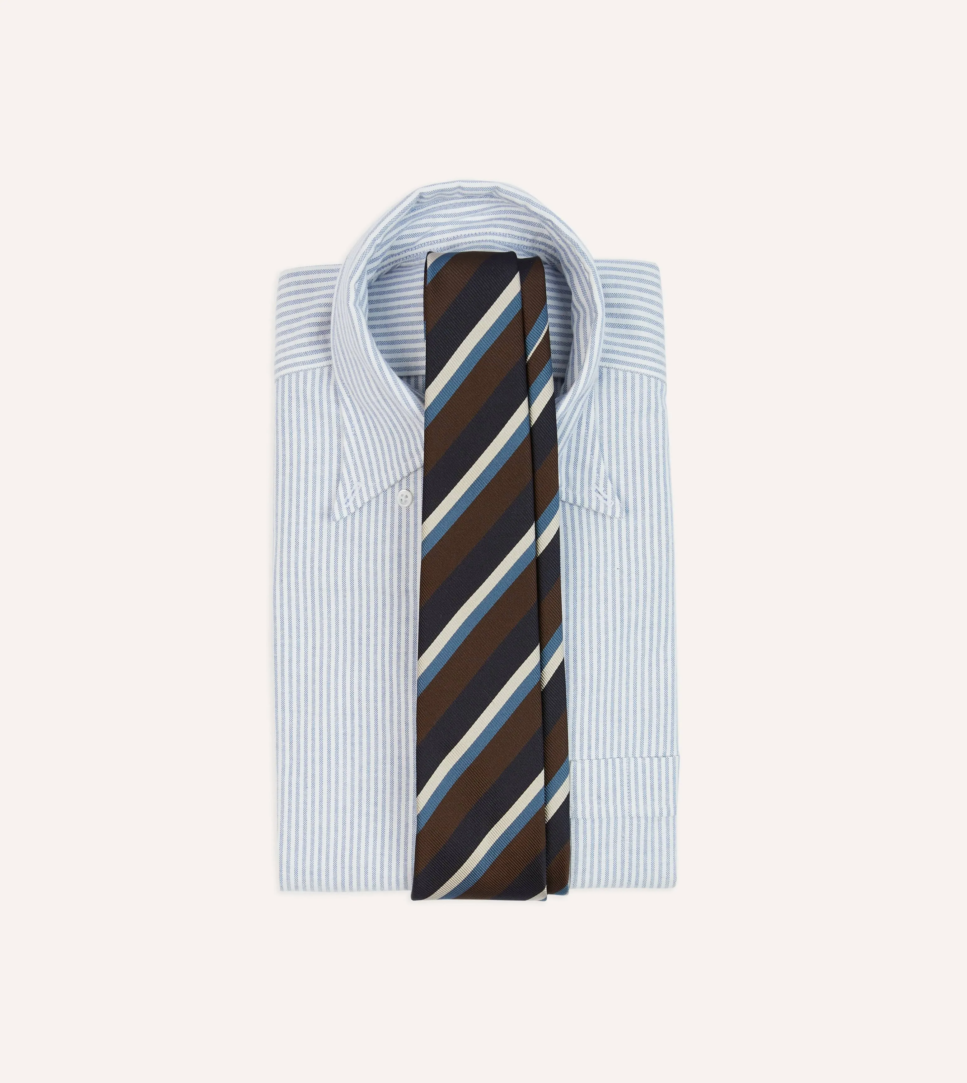 Brown, Blue and White Multi Stripe Mogador Silk Tipped Tie sold by Drake's London product image thumbnail 2