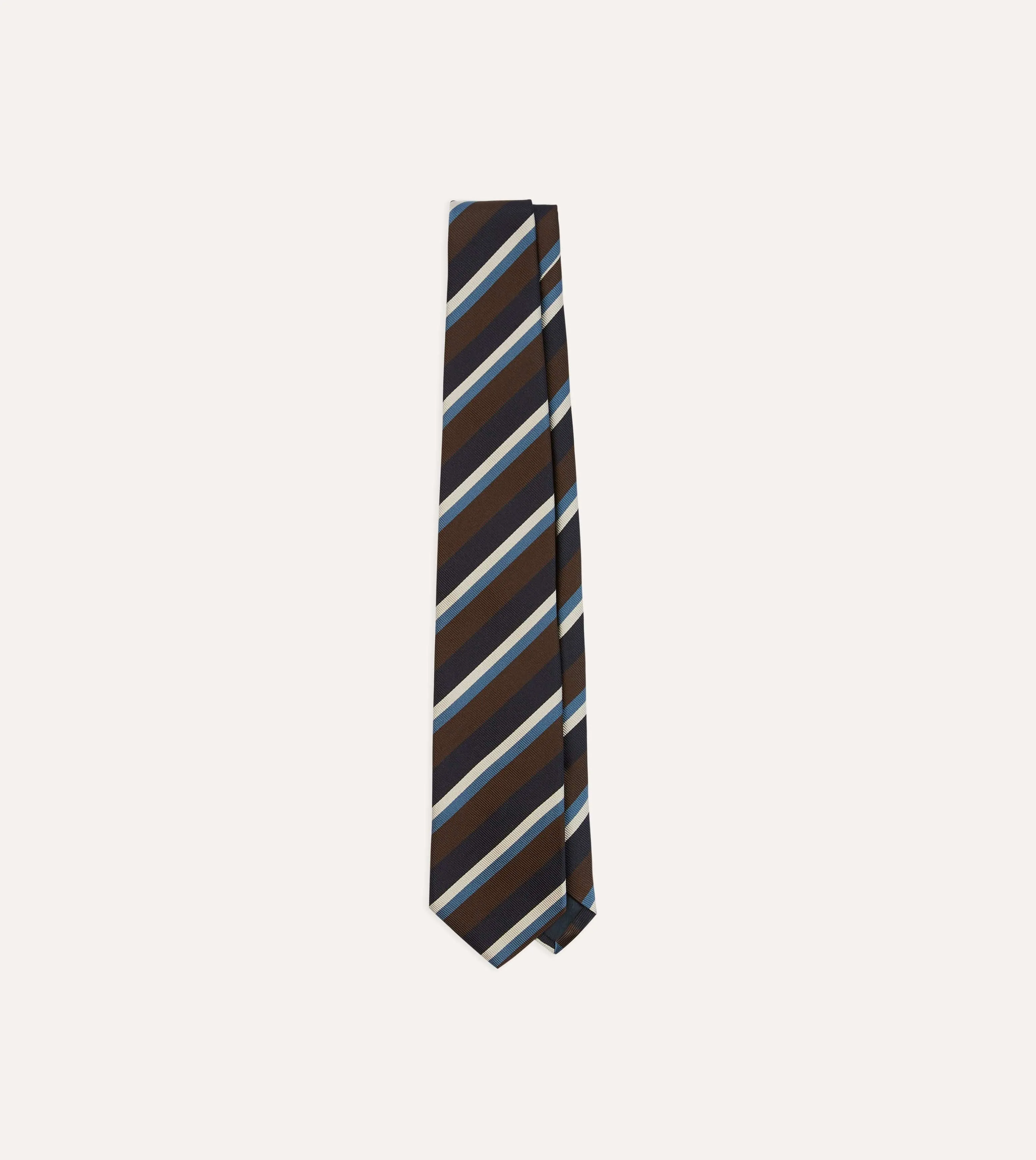 Brown, Blue and White Multi Stripe Mogador Silk Tipped Tie sold by Drake's London