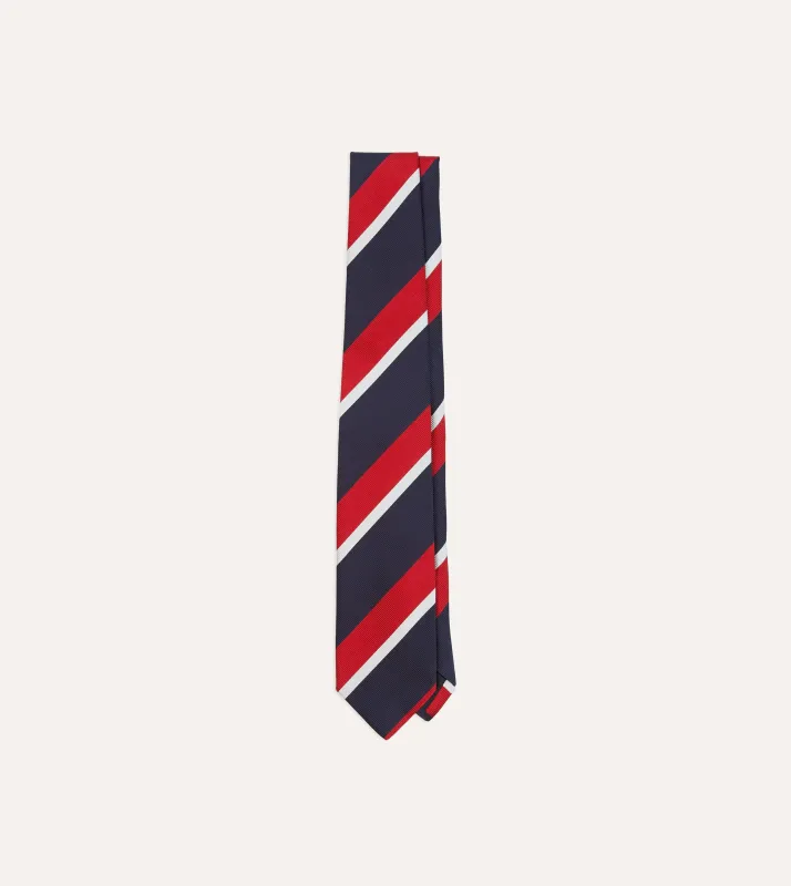Navy, Red and White Double Broad Stripe Mogador Silk Tipped Tie sold by Drake's London