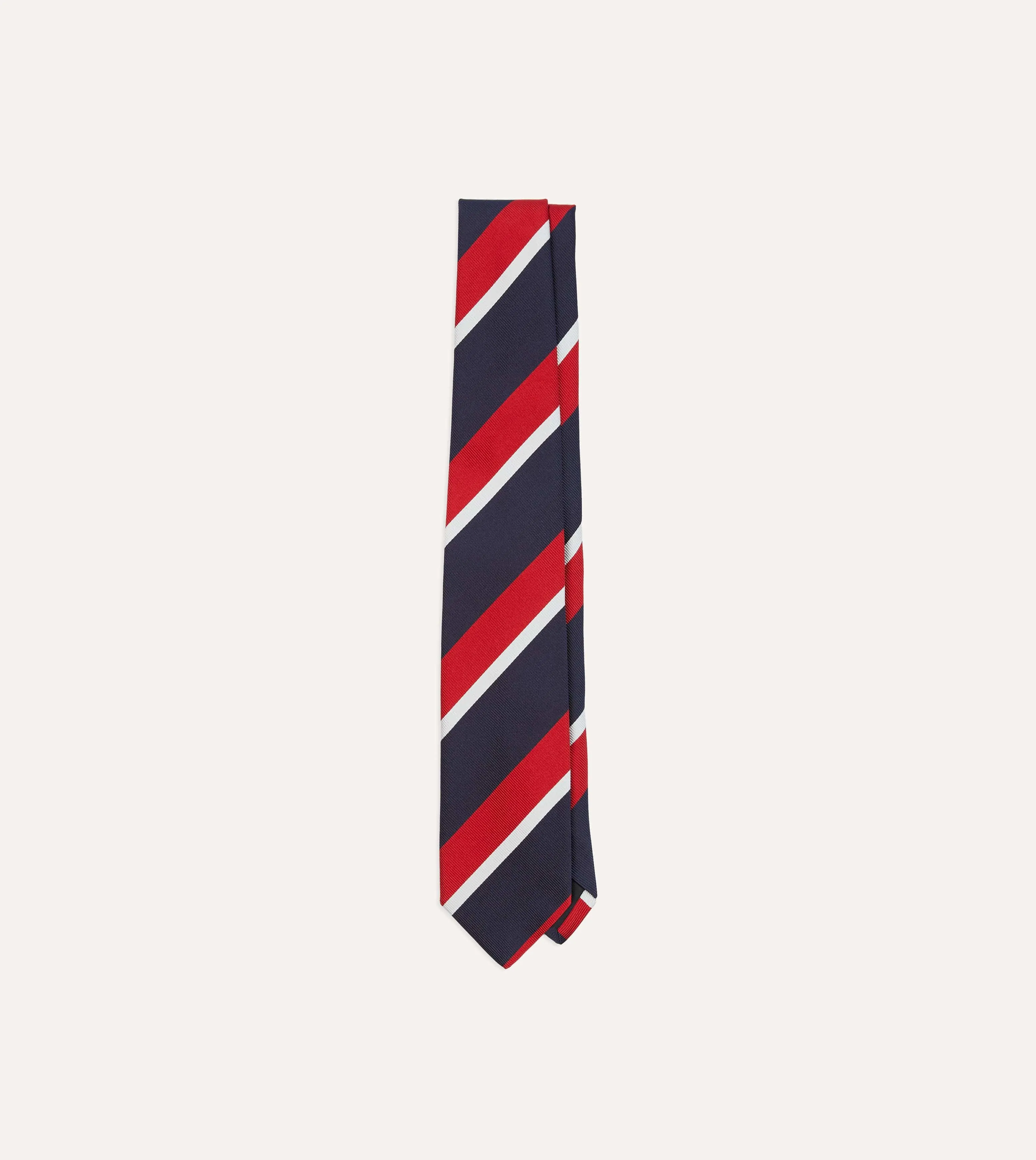 Navy, Red and White Double Broad Stripe Mogador Silk Tipped Tie sold by Drake's London