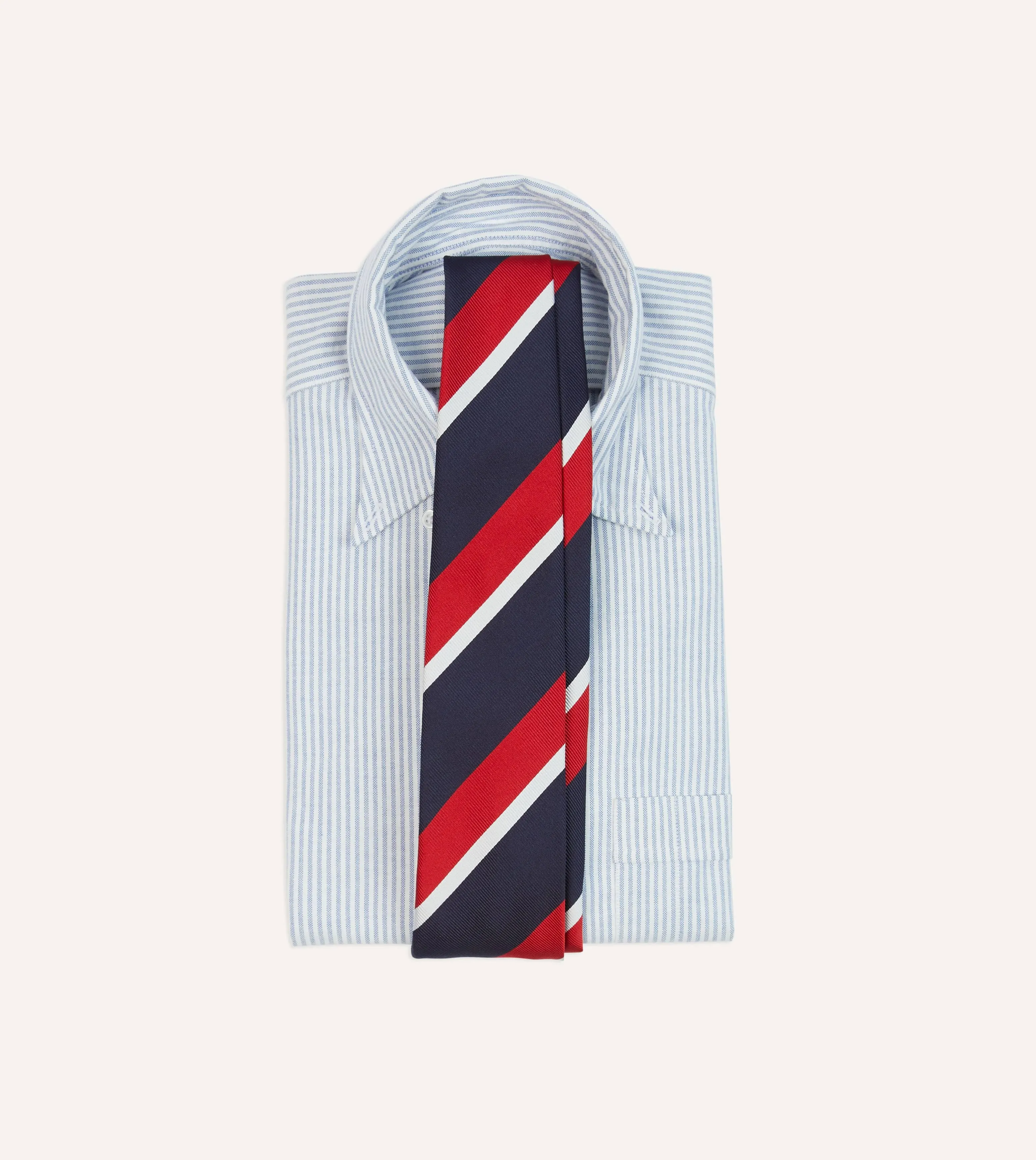 Navy, Red and White Double Broad Stripe Mogador Silk Tipped Tie sold by Drake's London product image thumbnail 2
