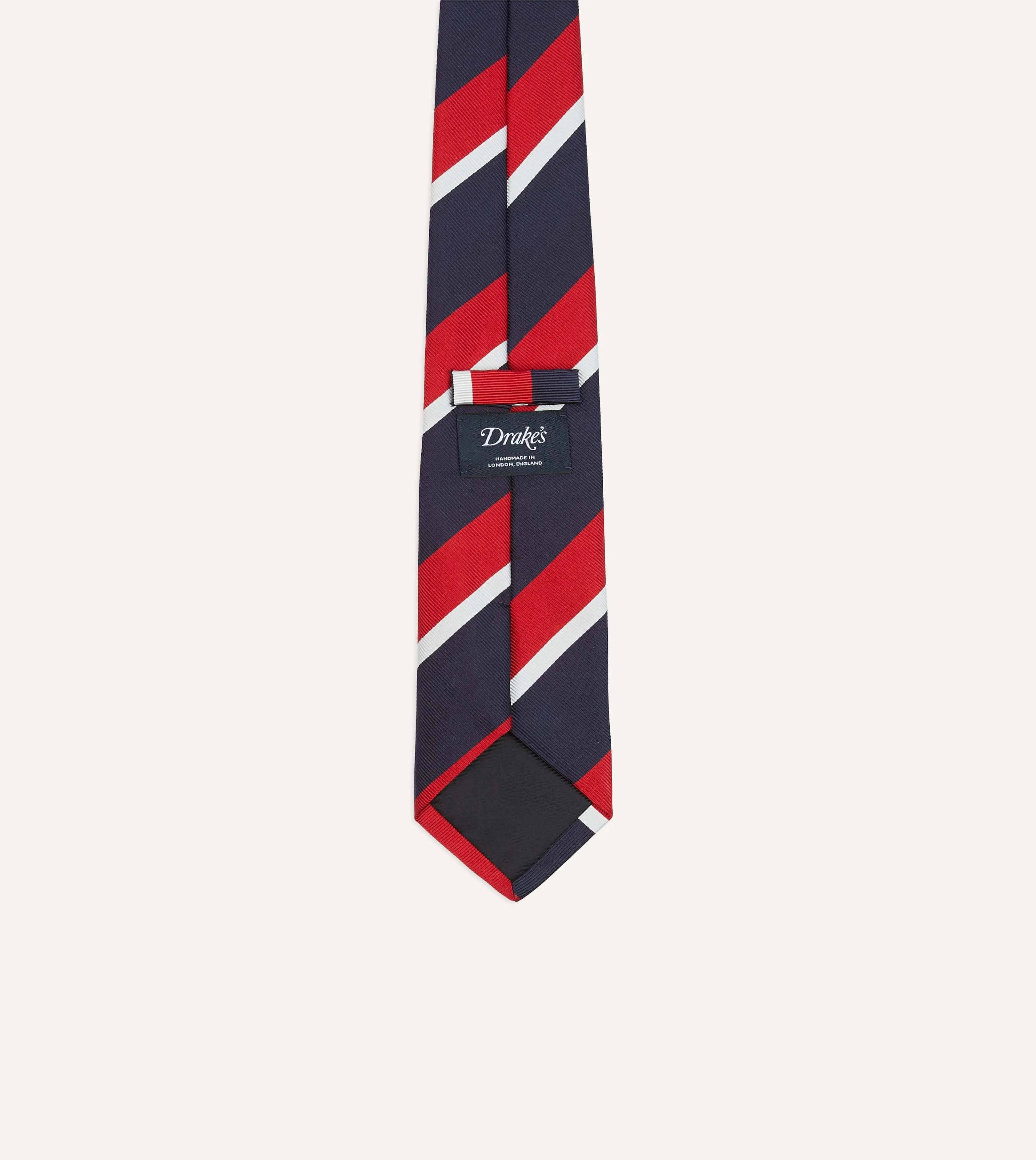 Navy, Red and White Double Broad Stripe Mogador Silk Tipped Tie sold by Drake's London product image thumbnail 4