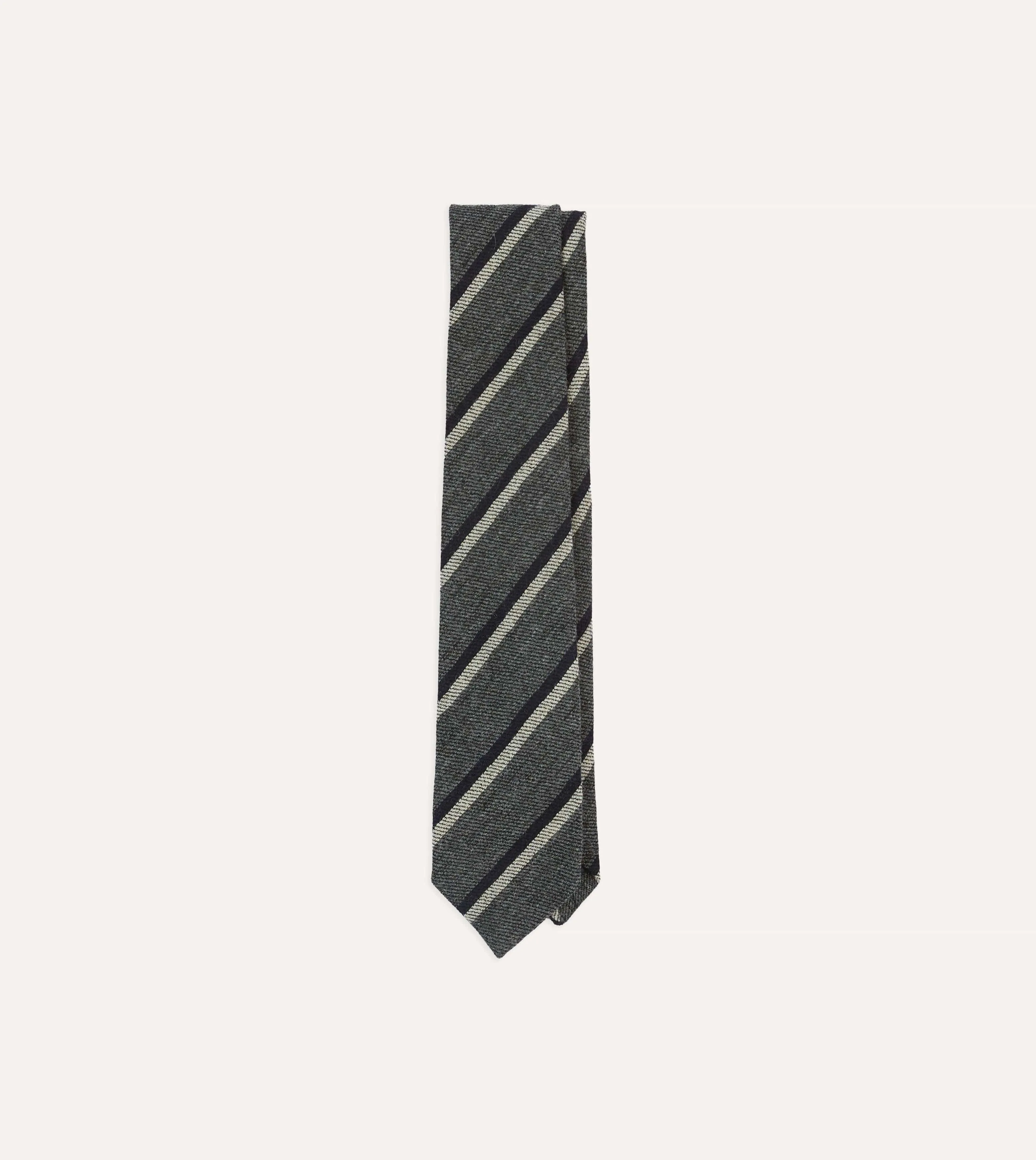 Grey, Navy and White Double Stripe Tipped Wool Tie sold by Drake's London