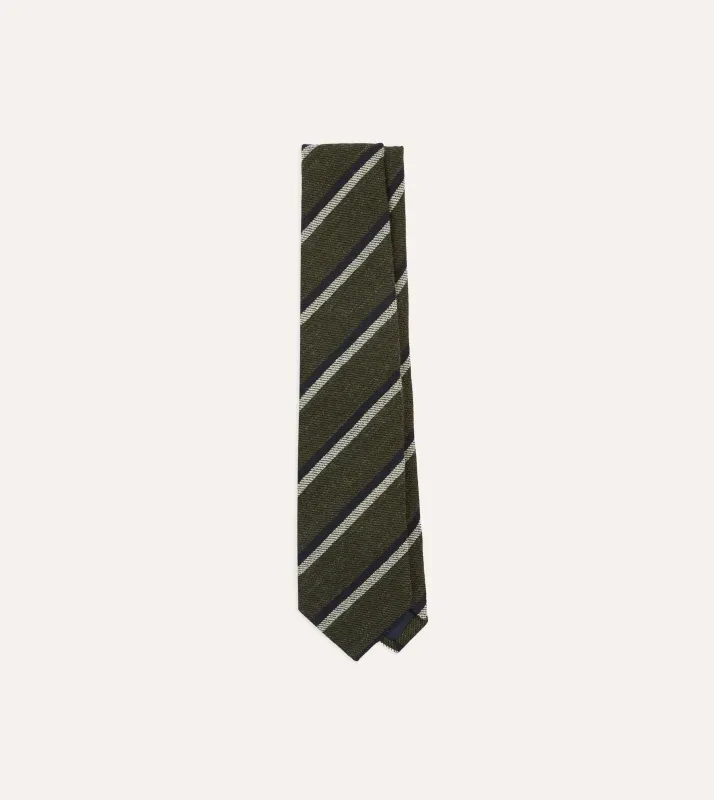 Khaki, White and Navy Double Stripe Tipped Wool Tie sold by Drake's London