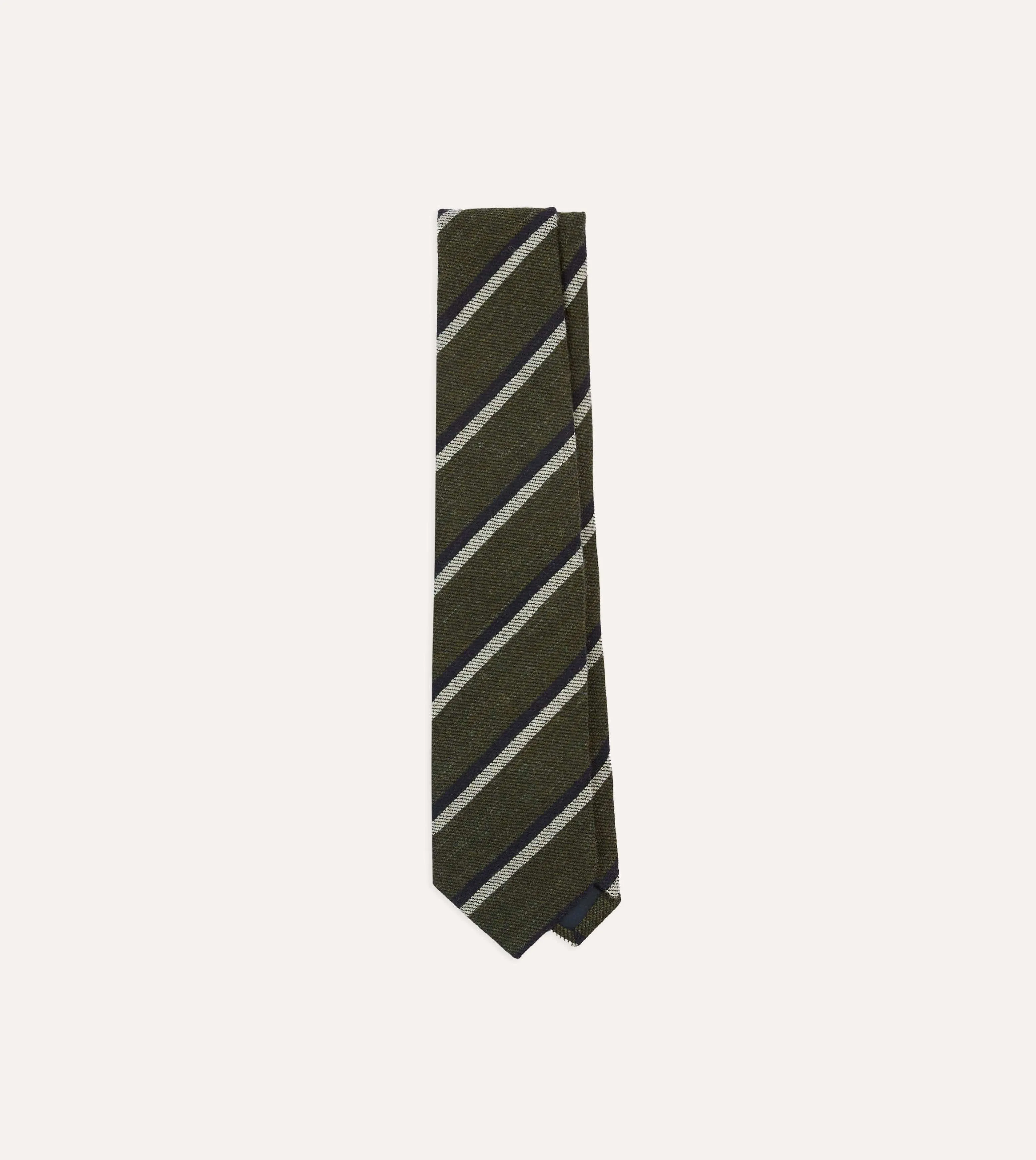 Khaki, White and Navy Double Stripe Tipped Wool Tie sold by Drake's London