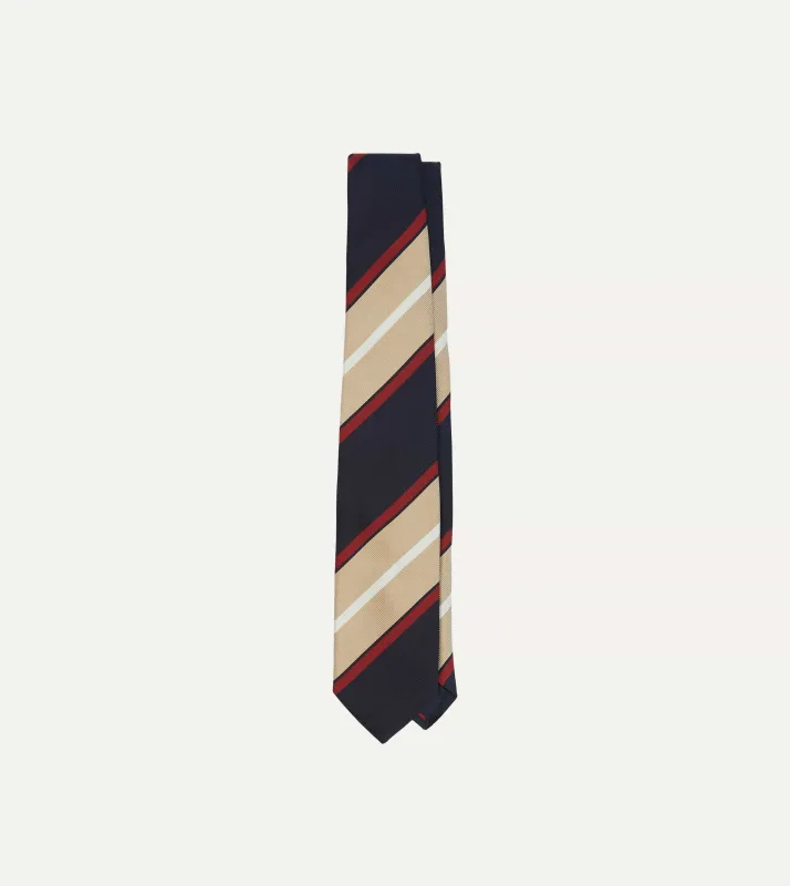 Navy, Red and Gold Multi Stripe Mogador Silk Tipped Tie sold by Drake's London