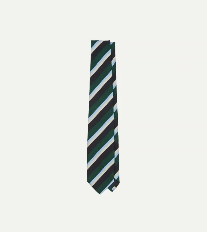 Green, Blue and White Multi Stripe Mogador Silk Tipped Tie sold by Drake's London