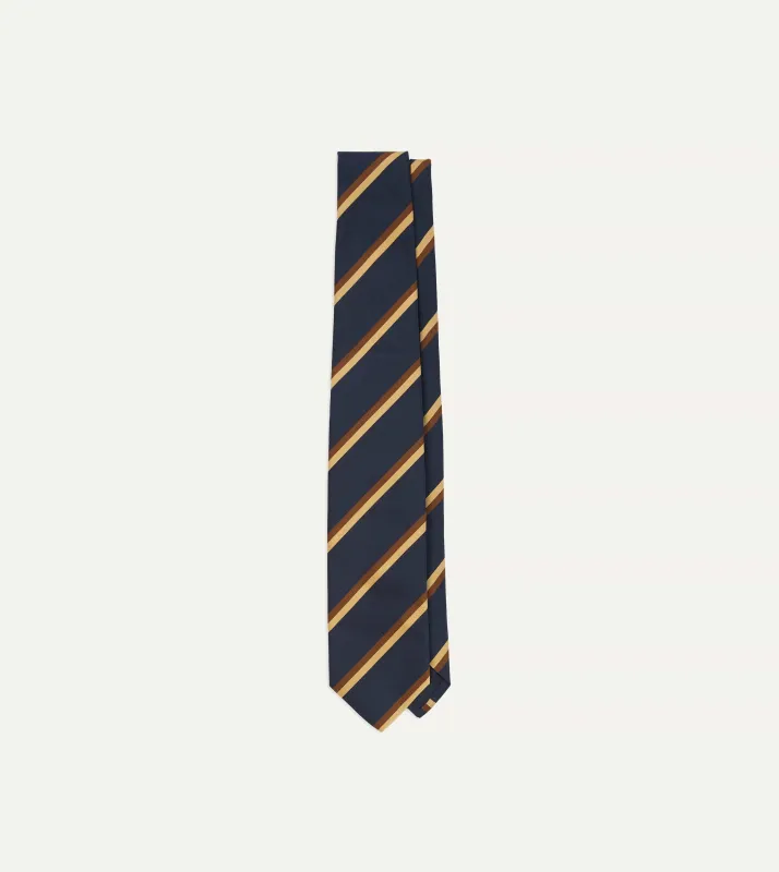 Navy, Gold and Brown Double Stripe Mogador Silk Tipped Tie made by Drake's London
