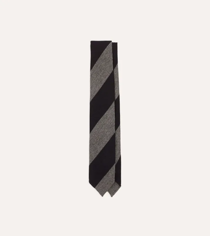 Grey and Black Block Stripe Hand Rolled Wool Tie sold by Drake's London