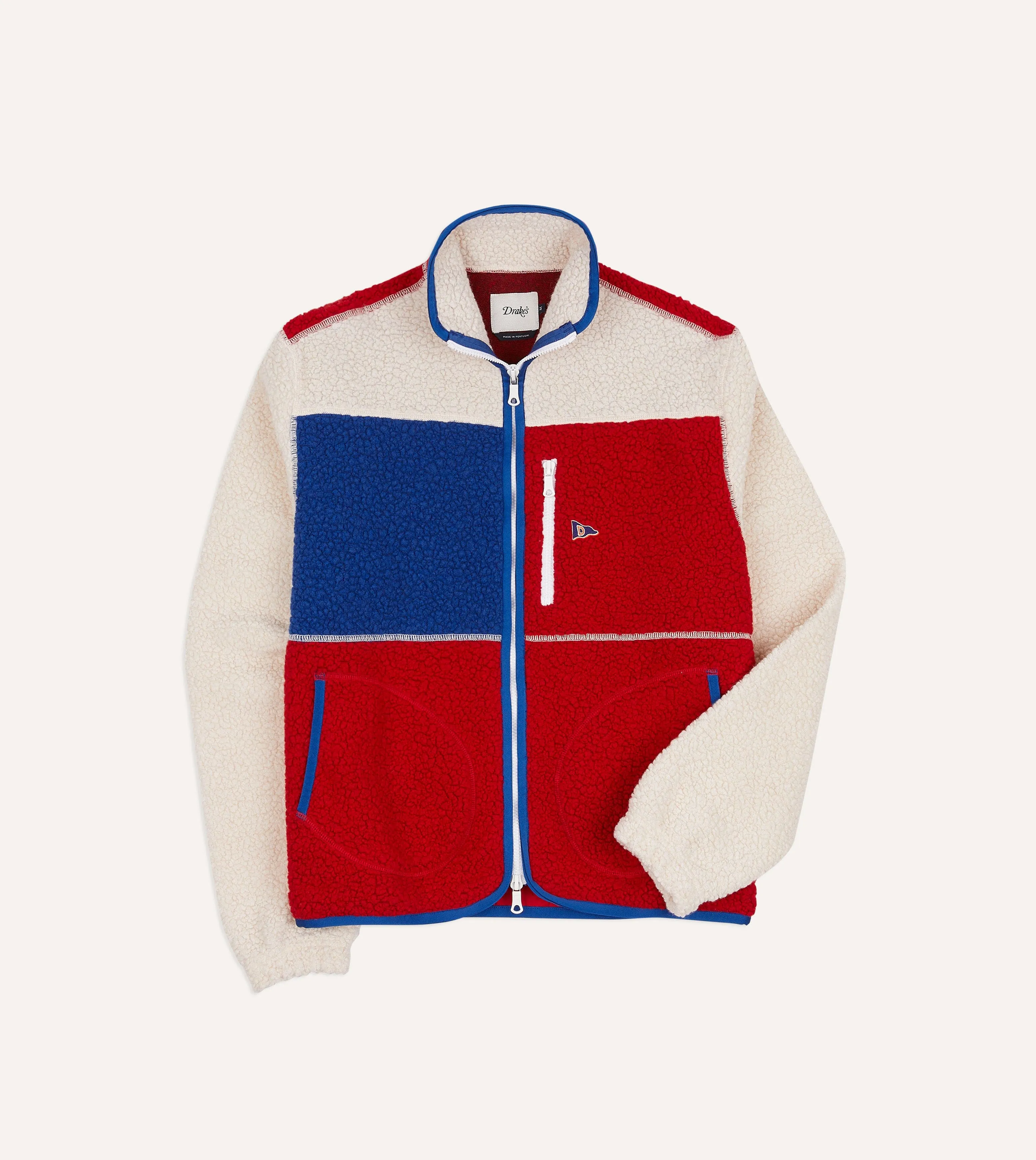 Ecru, Red and Blue Boucle Wool Zip Fleece Jacket sold by Drake's London