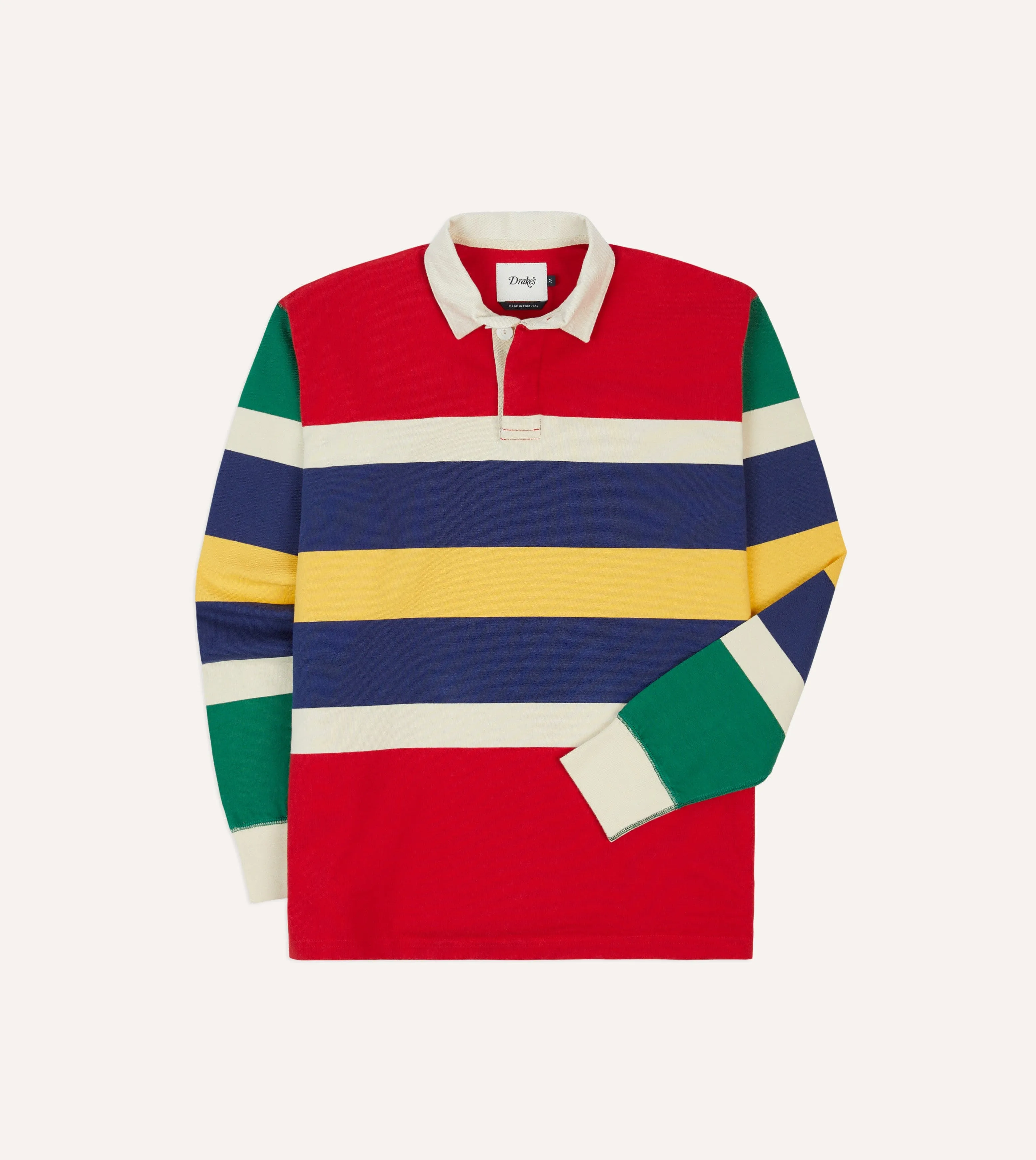 Red, Yellow and Navy Multi Stripe Cotton Rugby Shirt sold by Drake's London
