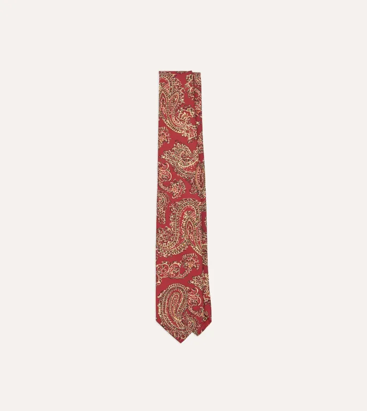 Red Paisley Print Silk Self Tipped Tie sold by Drake's London