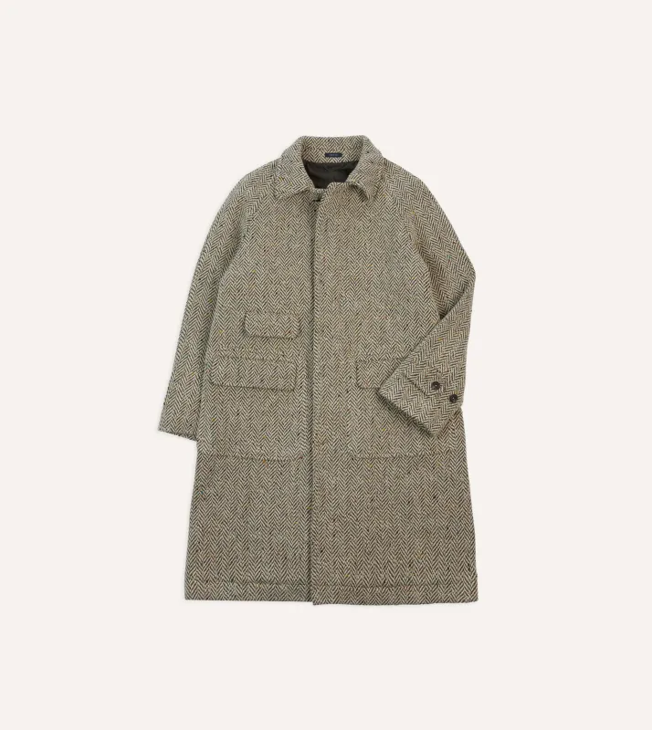 Taupe Herringbone Flecked Wool Raglan Coat sold by Drake's London