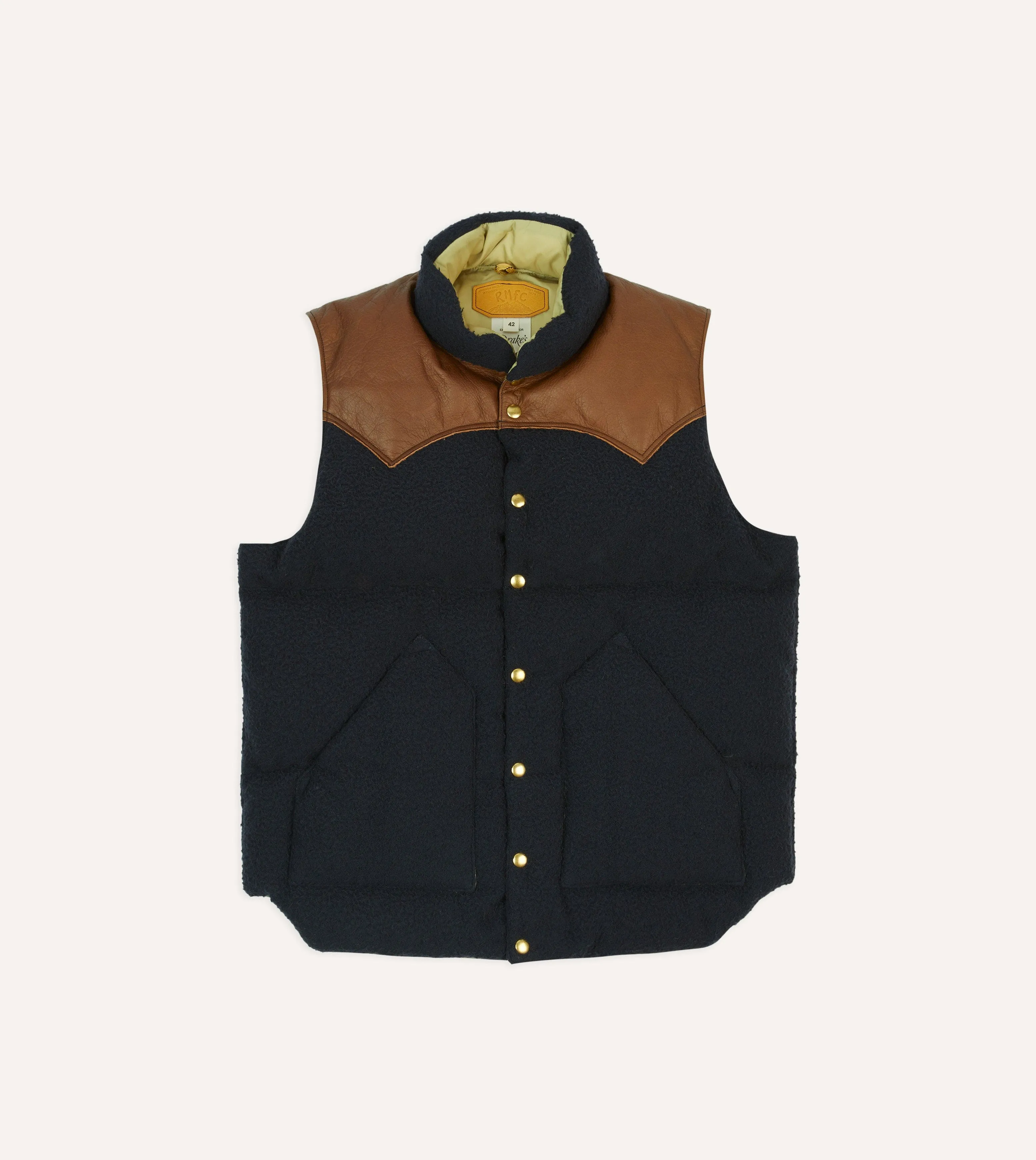 Rocky Mountain Featherbed for Drake's Navy Casentino Wool Christy Down Vest sold by Drake's London