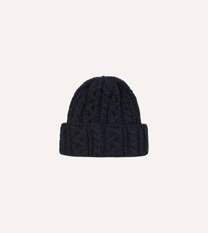 Navy Wool Cable Knit Cap sold by Drake's London