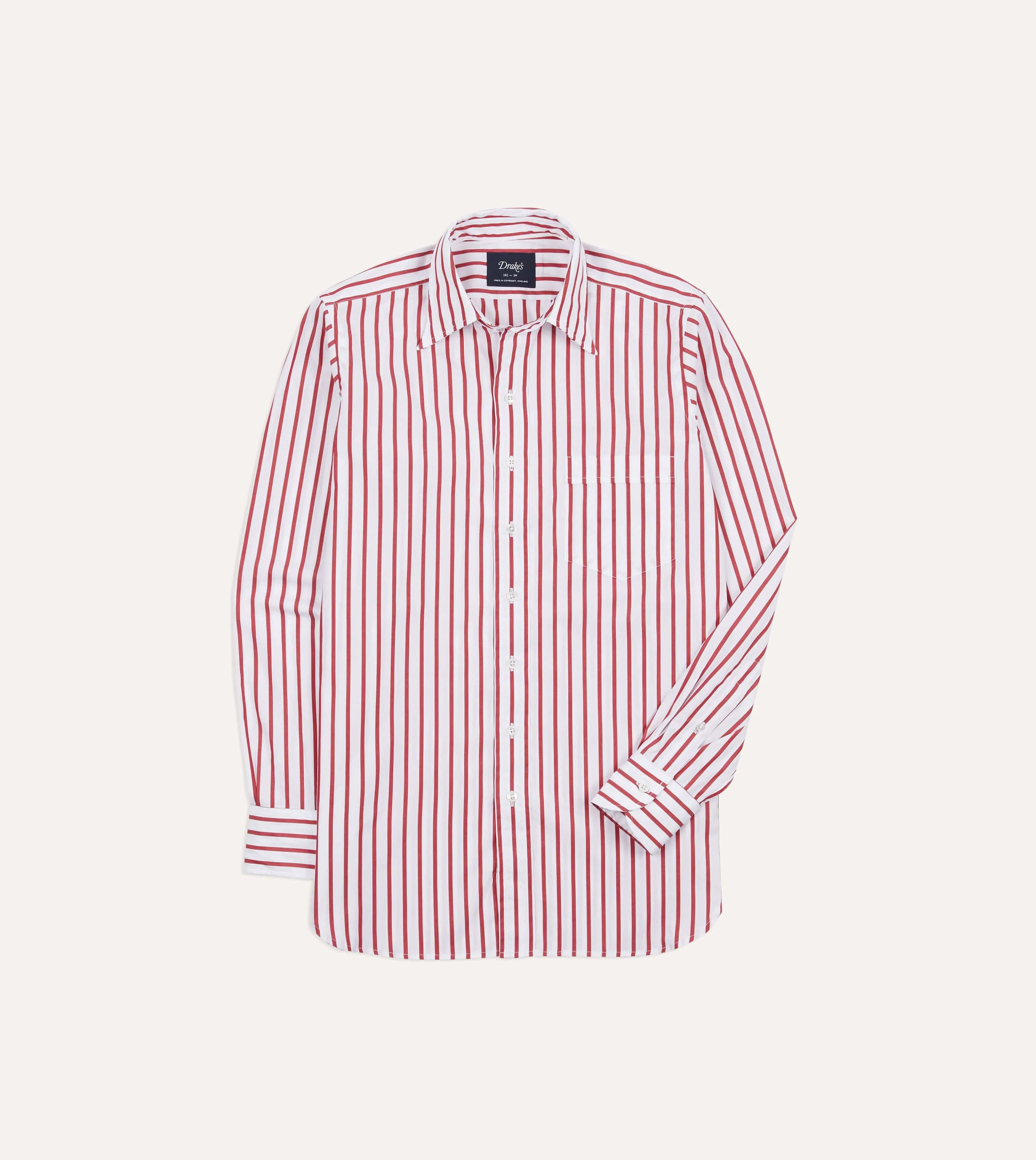 Red and White Stripe Cotton Poplin Long Point Collar Shirt sold by Drake's London