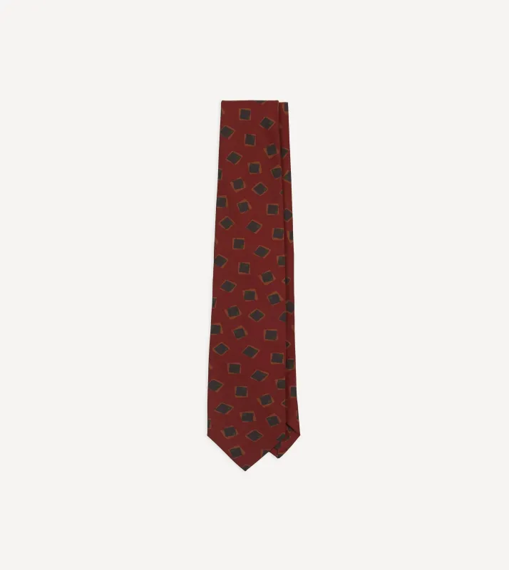 Brown Jumbled Tile Print Silk Self Tipped Tie sold by Drake's London