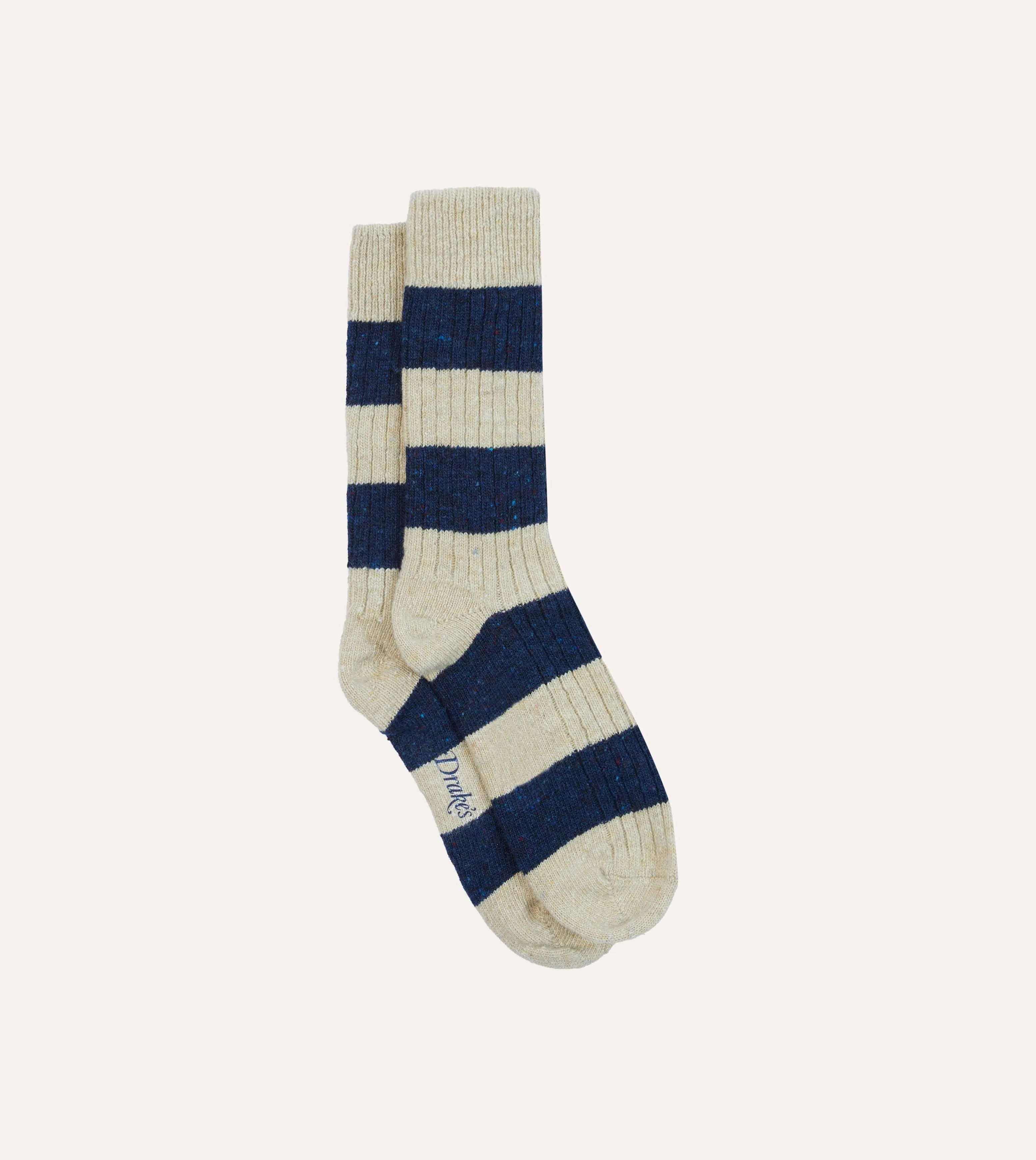 Navy and Ecru Striped Donegal Wool Socks sold by Drake's London