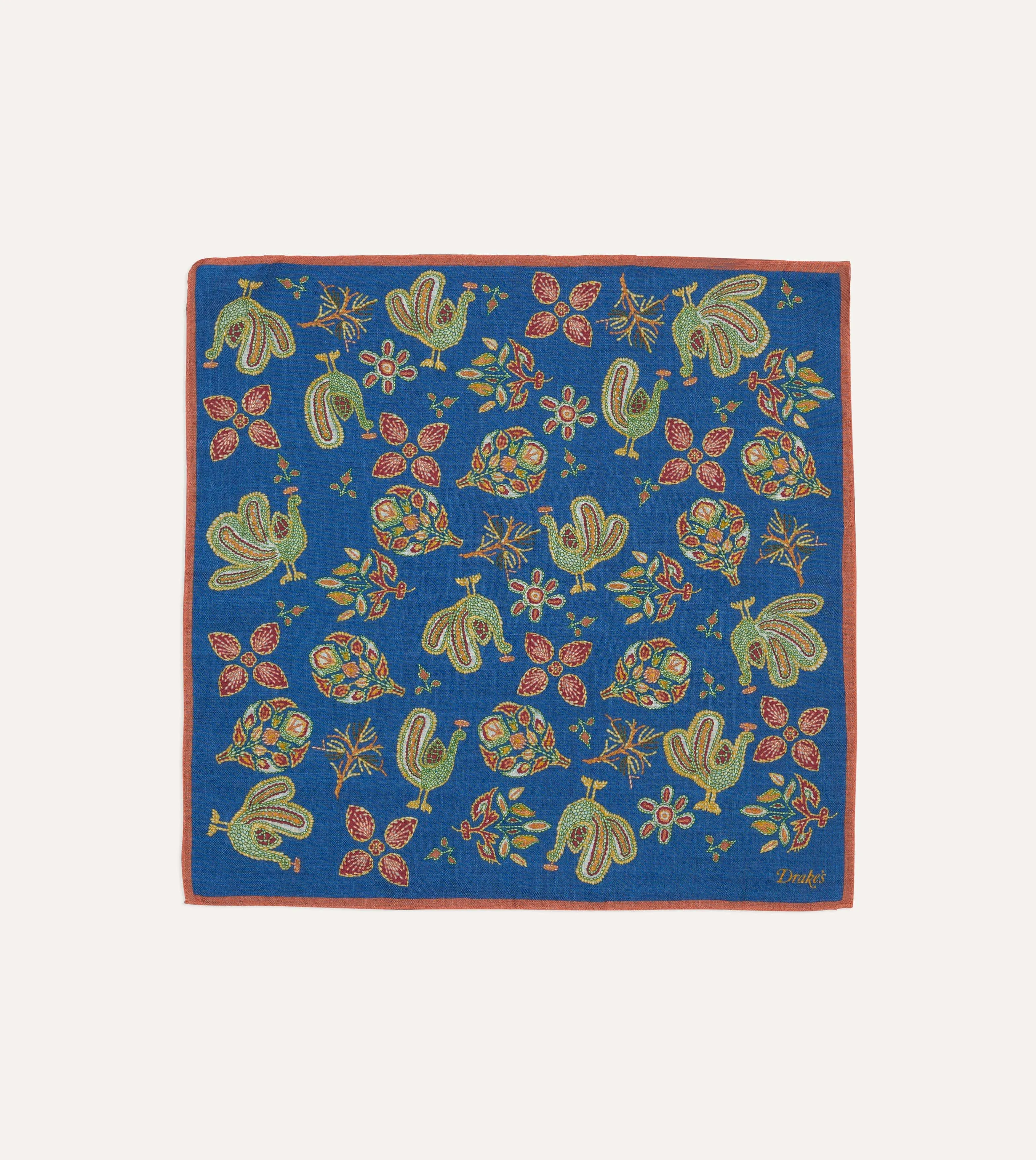 Navy Peacock Print Wool-Silk Pocket Square sold by Drake's London