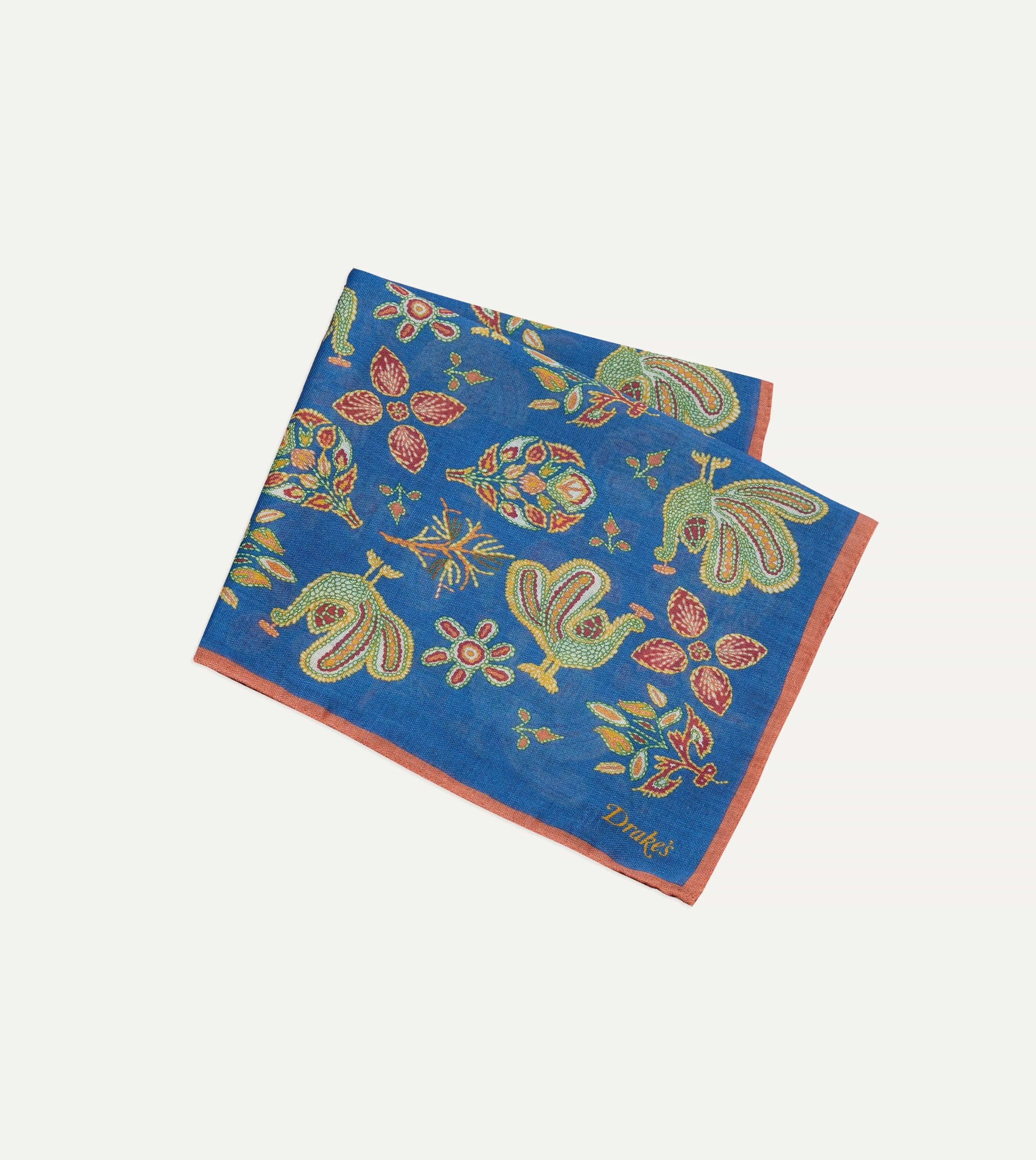 Navy Peacock Print Wool-Silk Pocket Square sold by Drake's London product image thumbnail 3