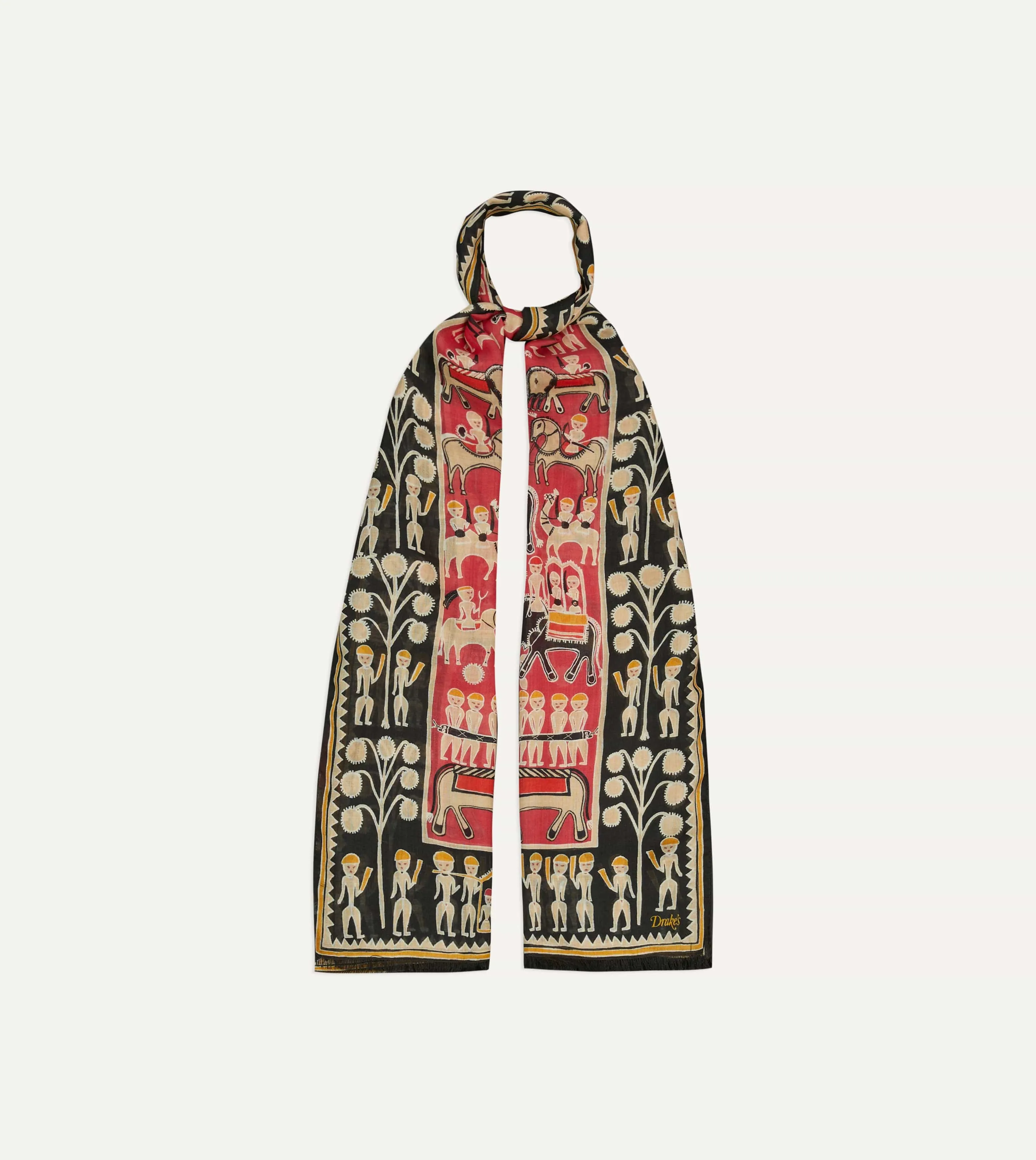 Black and Red Tribal Elephant Print Wool-Silk Scarf sold by Drake's London product image thumbnail 4