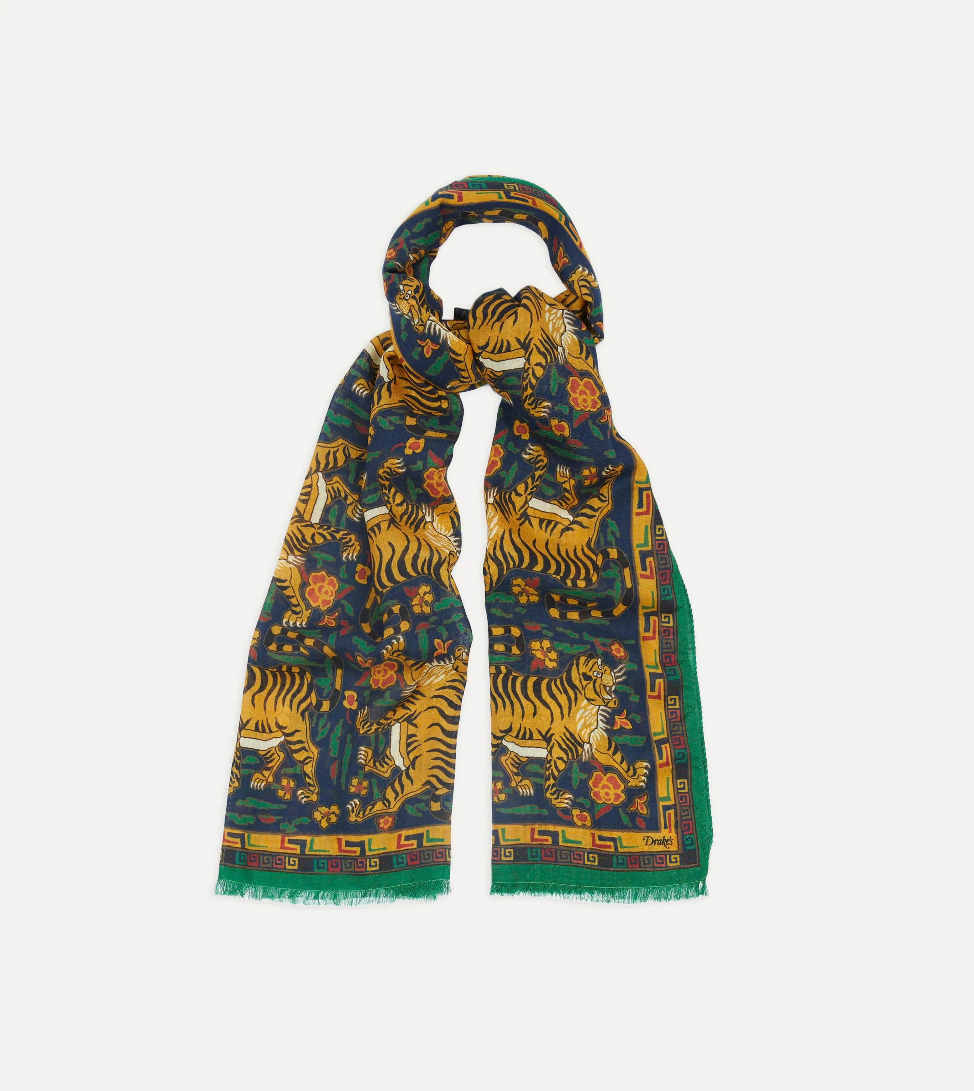 Navy Jumbo Tiger Print Wool-Silk Scarf sold by Drake's London product image thumbnail 4