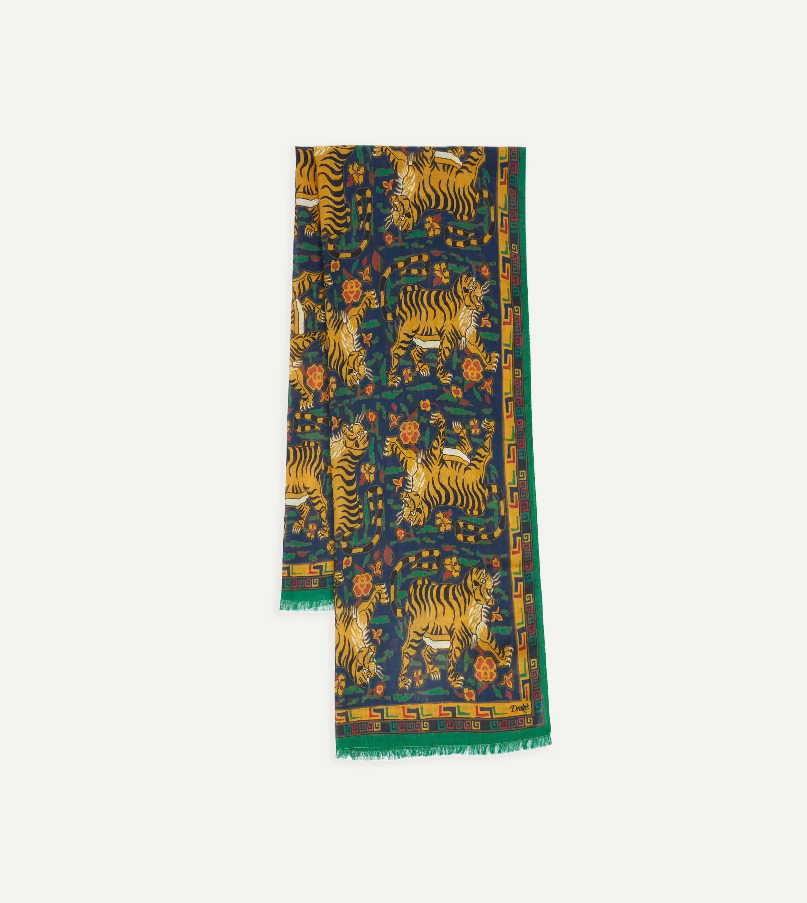 Navy Jumbo Tiger Print Wool-Silk Scarf sold by Drake's London