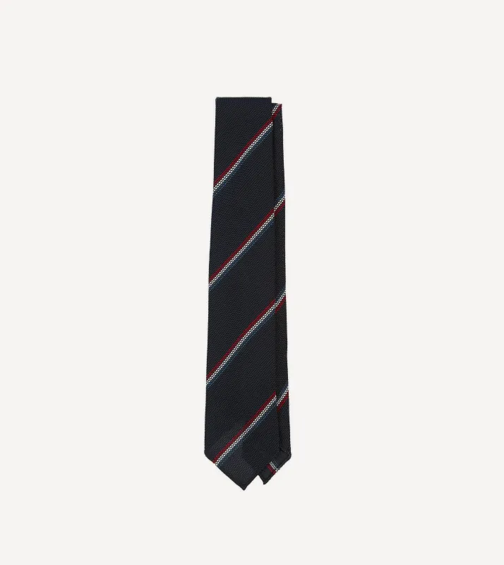 Navy, Red and White Stripe Silk Grenadine Tie sold by Drake's London