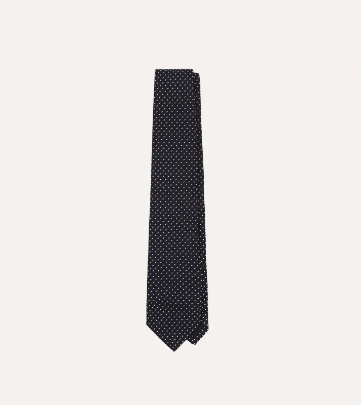 Navy and White Stitching Woven Grenadine Silk Tipped Tie sold by Drake's London