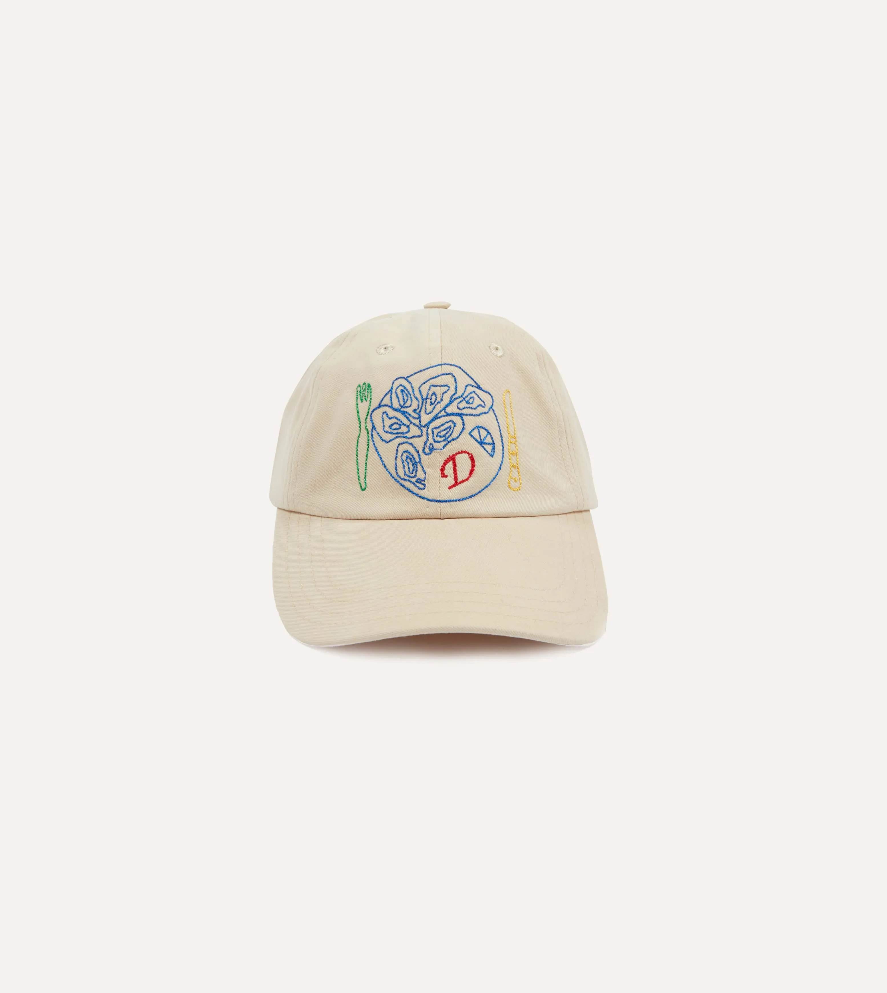 Ecru Chainstitch 'D' Oysters Cotton Twill Baseball Cap sold by Drake's London