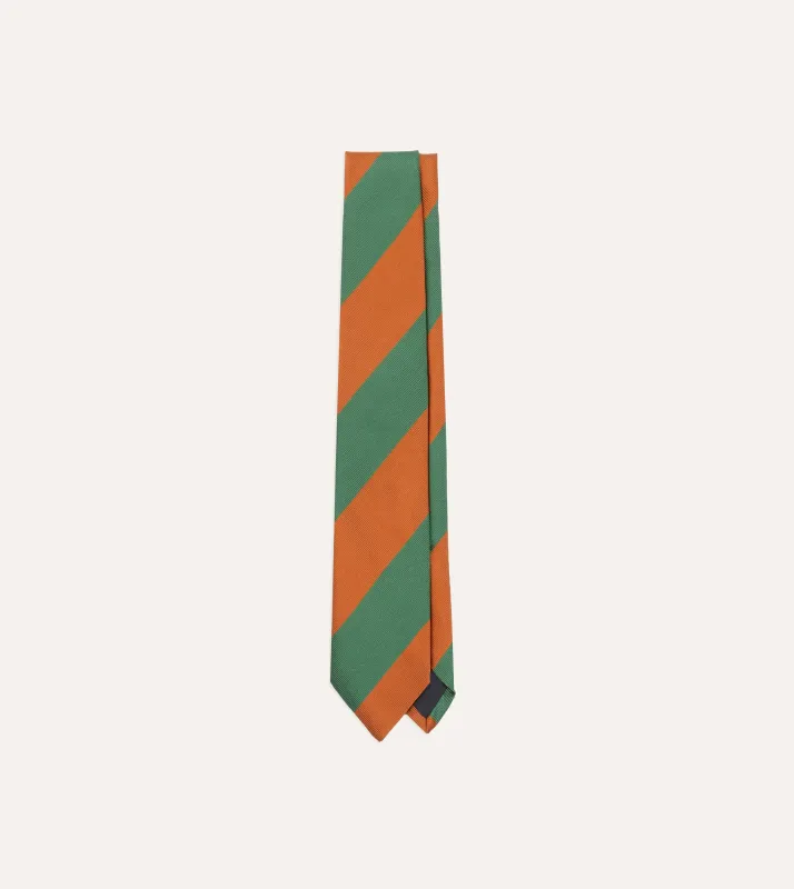Orange and Green Wide Stripe Repp Silk Tipped Tie sold by Drake's London