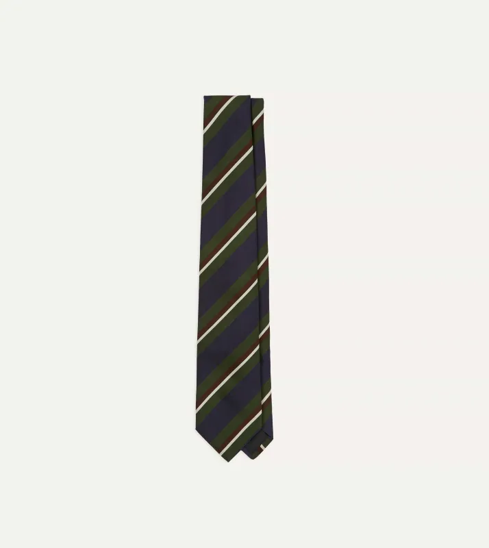 Green and Navy Stripe Silk Mogador Tipped Tie sold by Drake's London