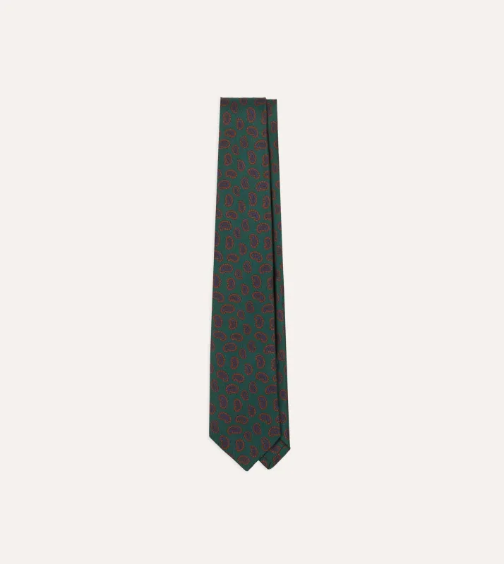 Green Paisley Leaf Print Silk Hand-Rolled Tie sold by Drake's London