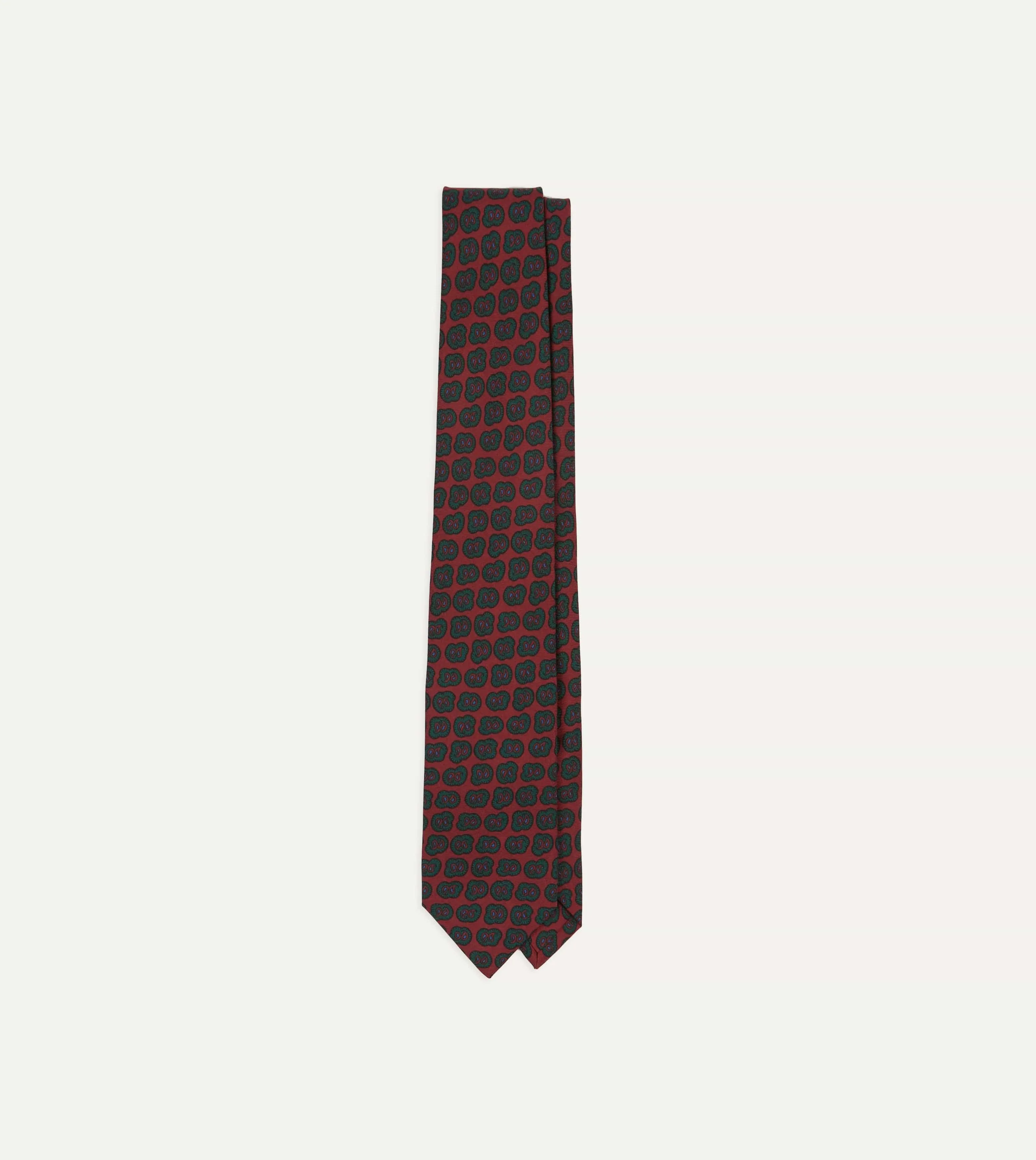 Red and Green Paisley Double Leaf Print Silk Self-Tipped Tie sold by Drake's London
