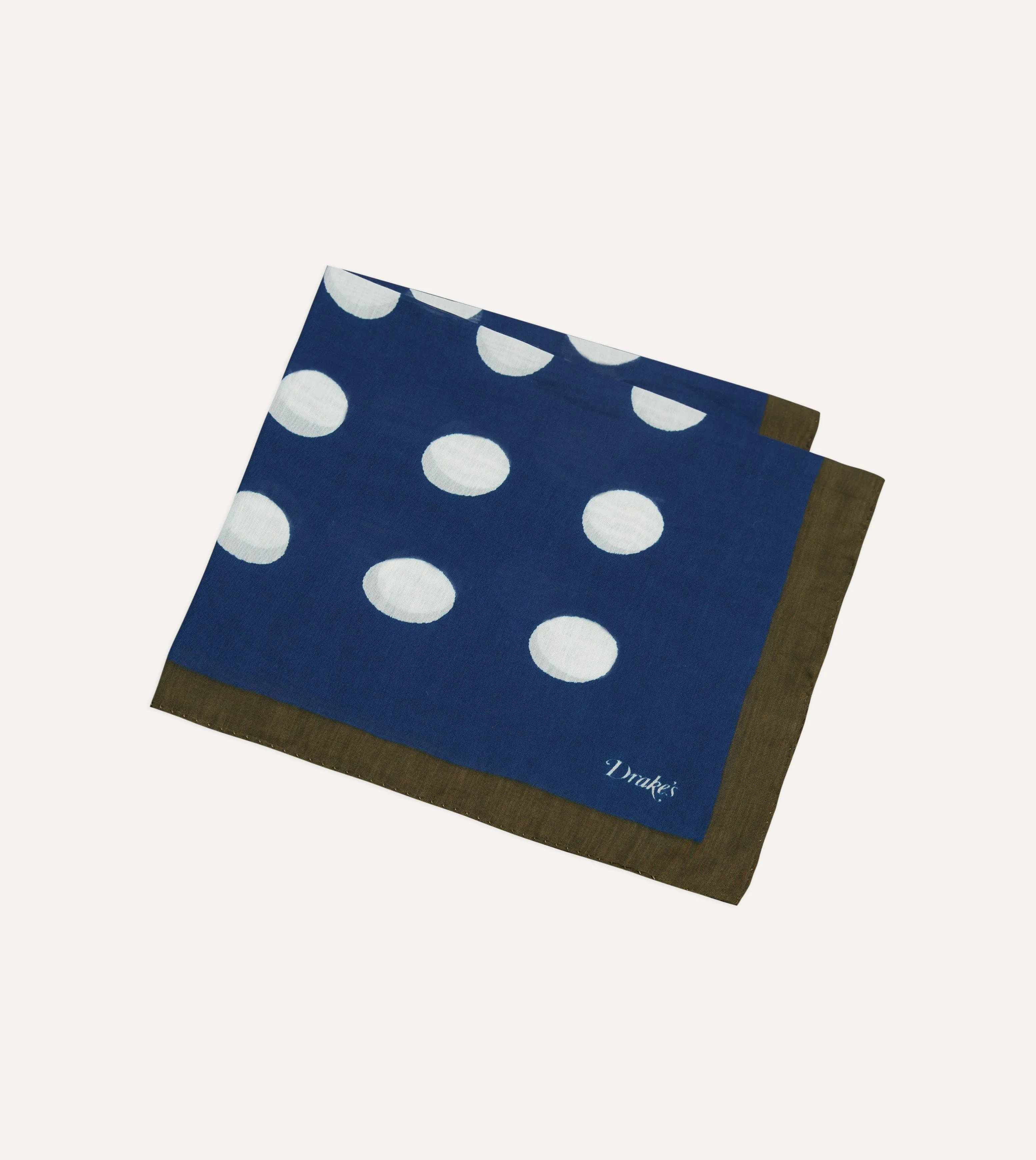 Olive, Navy and Ecru Large Spots Print Cotton-Silk Pocket Square sold by Drake's London product image thumbnail 4