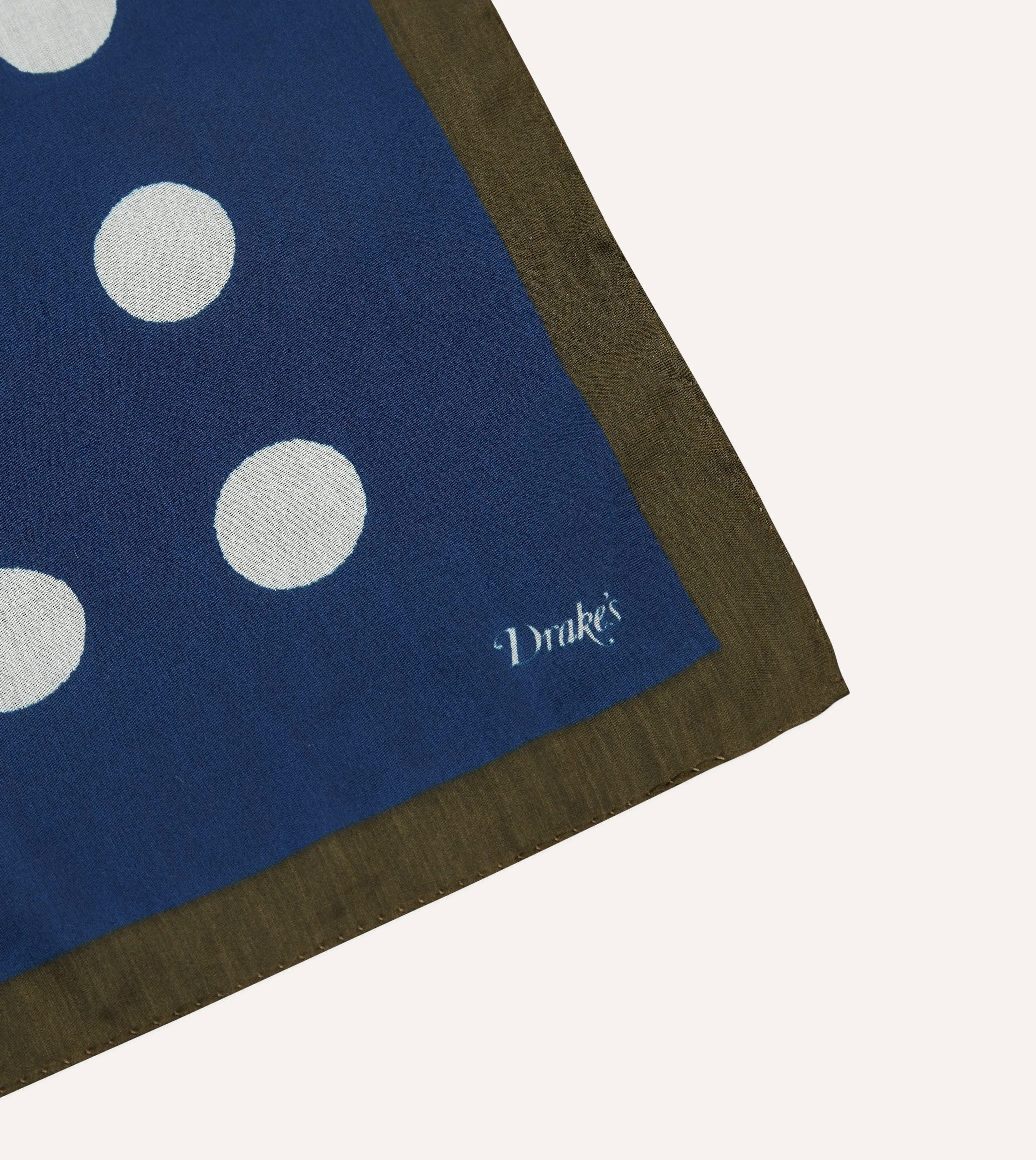 Olive, Navy and Ecru Large Spots Print Cotton-Silk Pocket Square sold by Drake's London product image thumbnail 3