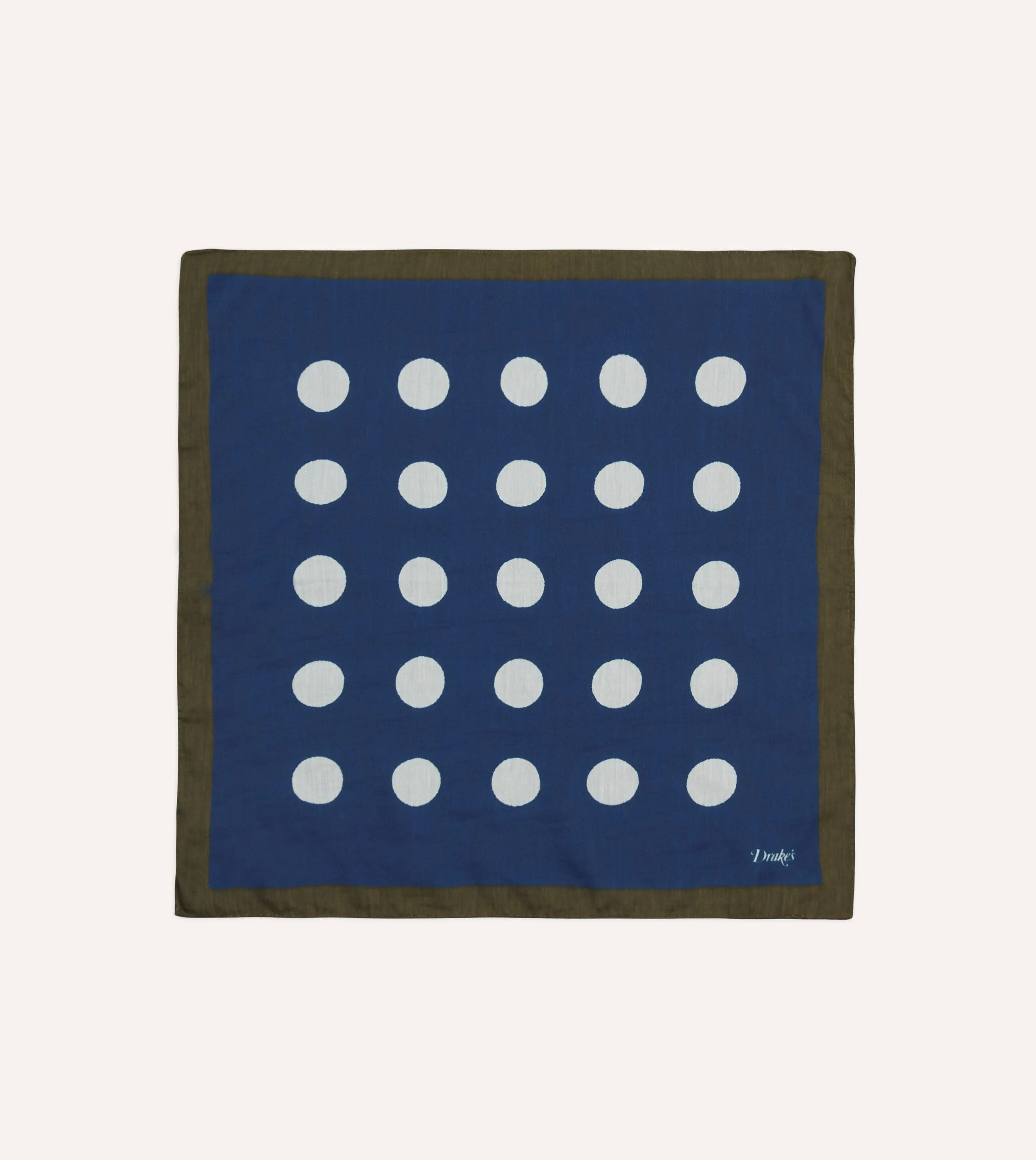 Olive, Navy and Ecru Large Spots Print Cotton-Silk Pocket Square sold by Drake's London