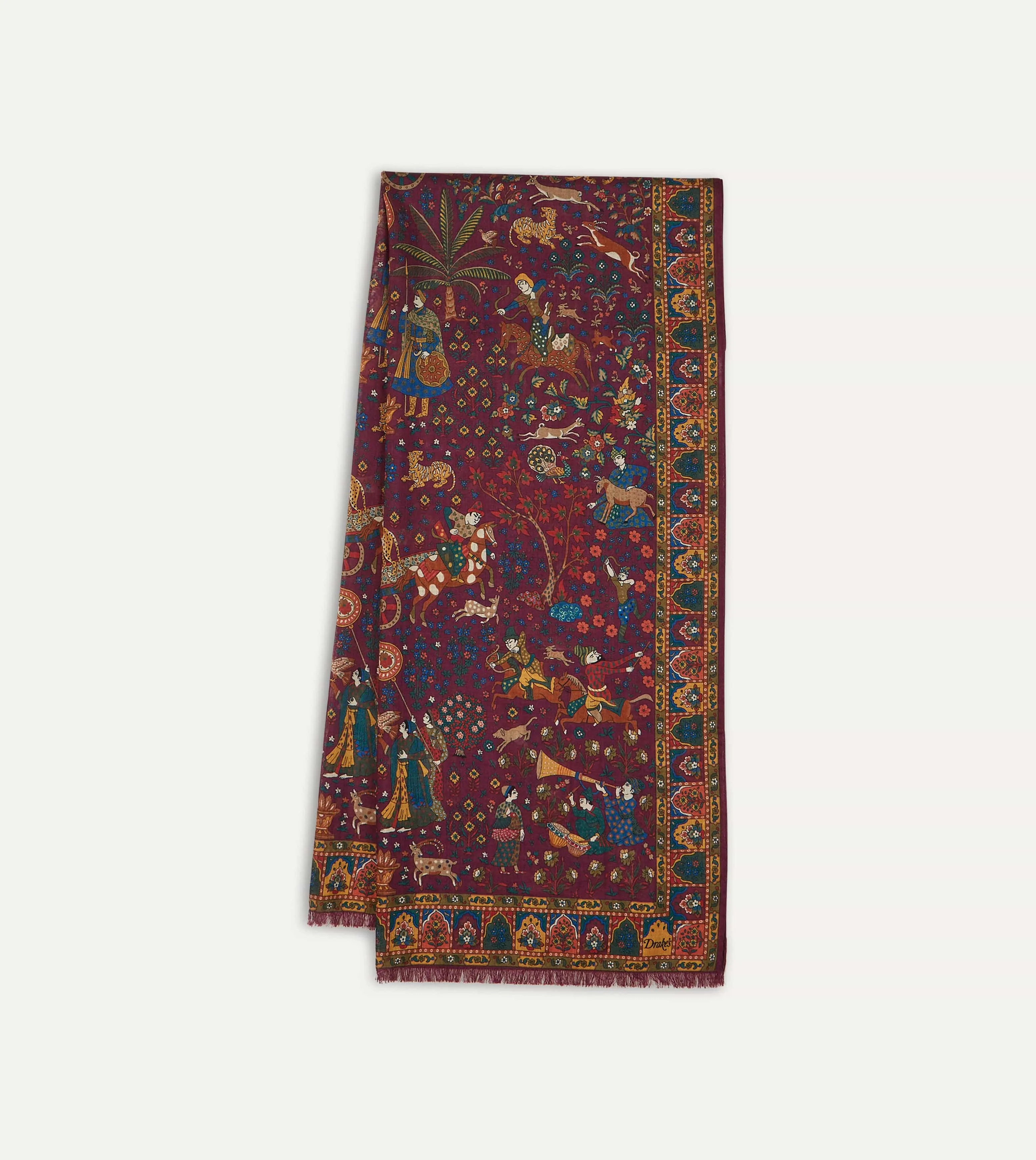 Magenta Mughal Hunter Print Wool-Silk Scarf sold by Drake's London