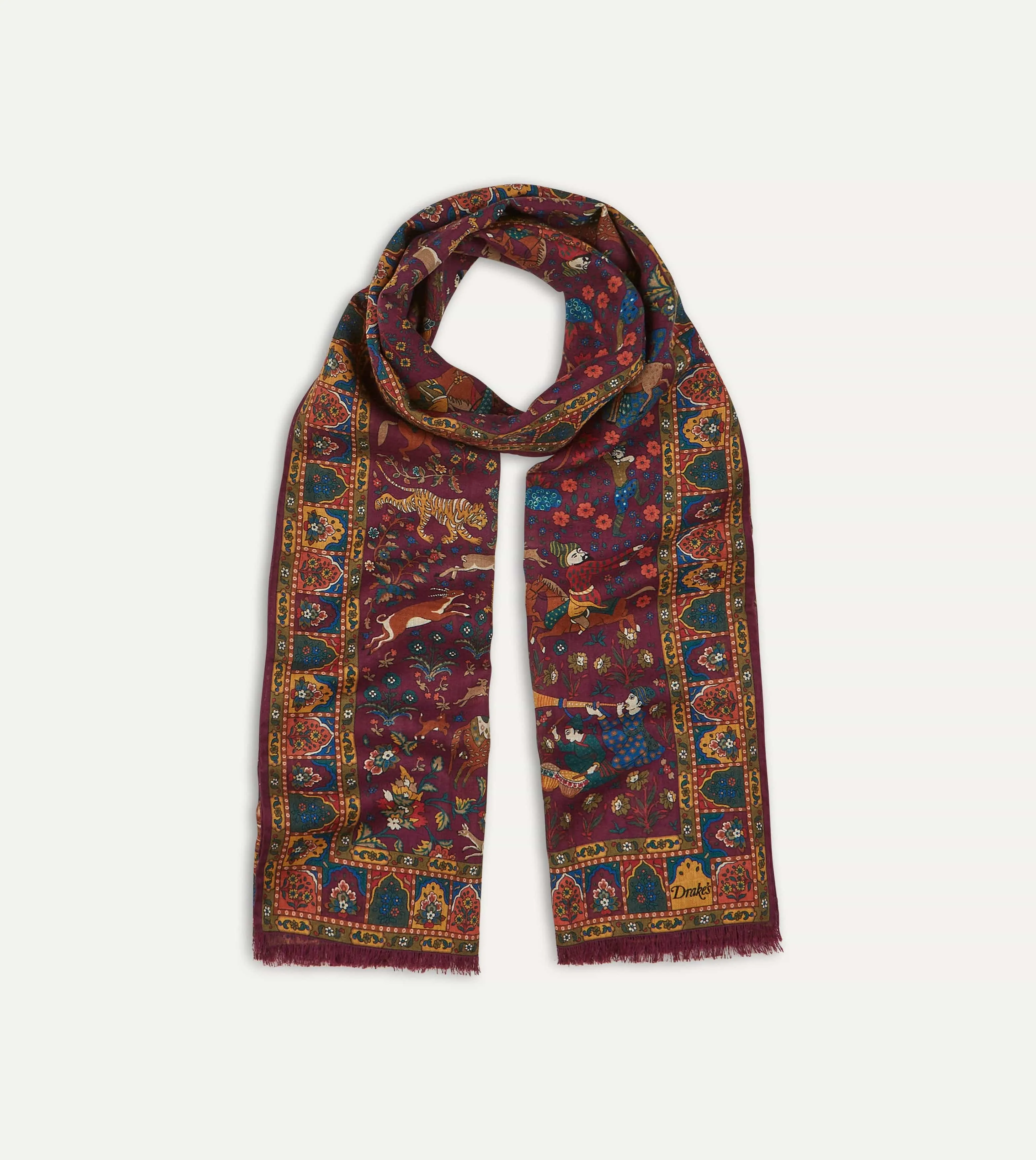 Magenta Mughal Hunter Print Wool-Silk Scarf sold by Drake's London product image thumbnail 3
