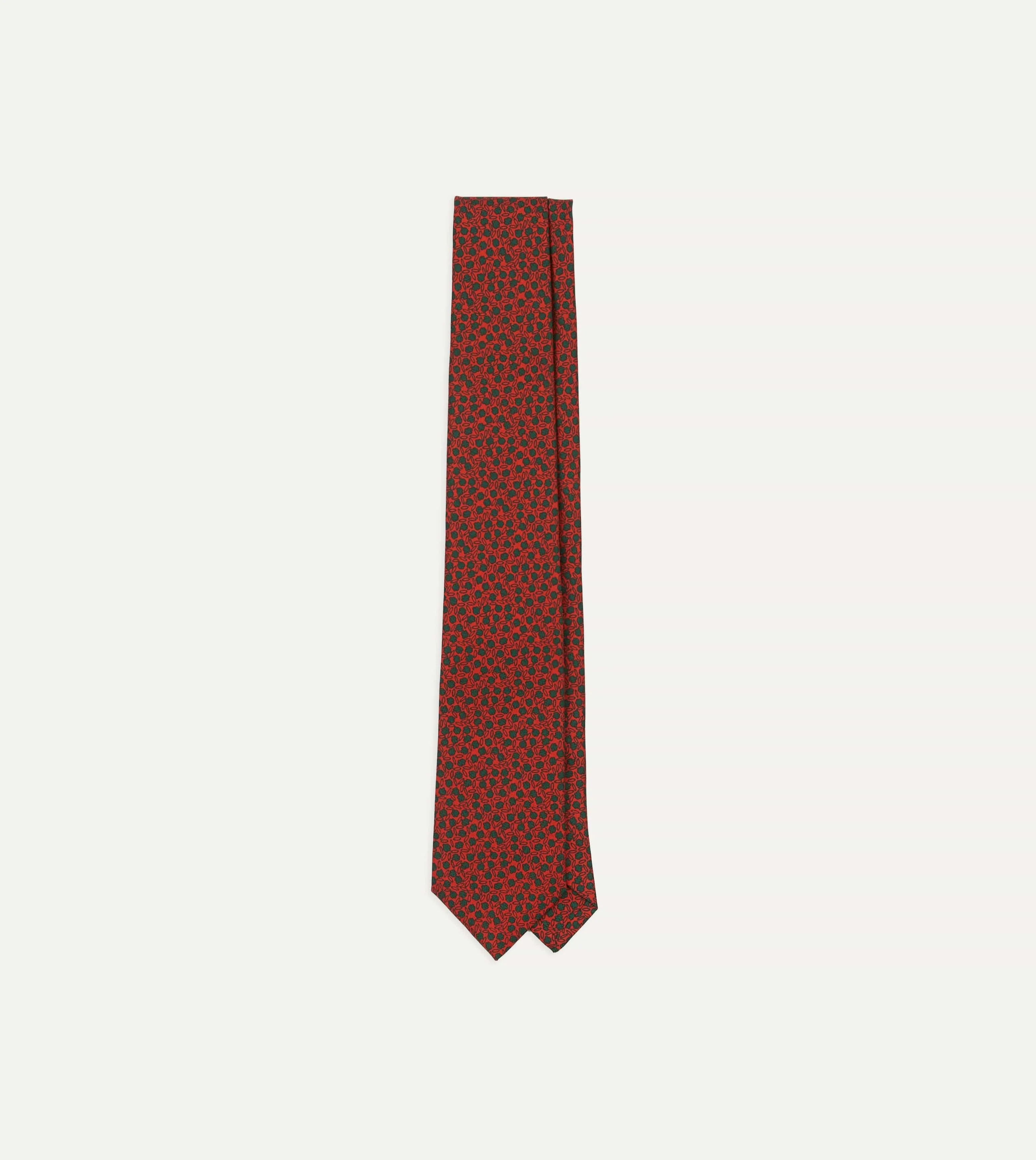 Red Mini Leaves Print Foulard Silk Self Tipped Tie sold by Drake's London